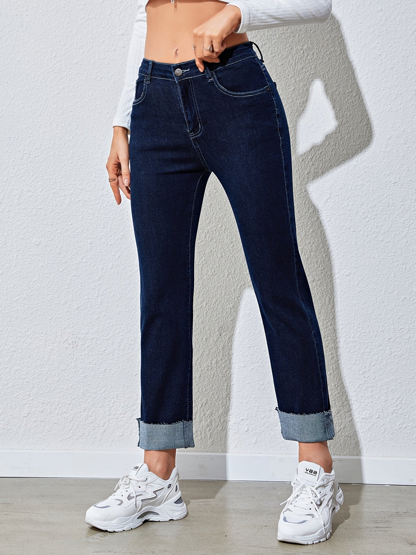 Antmvs Raw Hem Rolled Legs Mid Rise Slim Fit Straight Legs High Stretchy Washed Blue Color Vintage Straight Jeans, Women's Denim Jeans