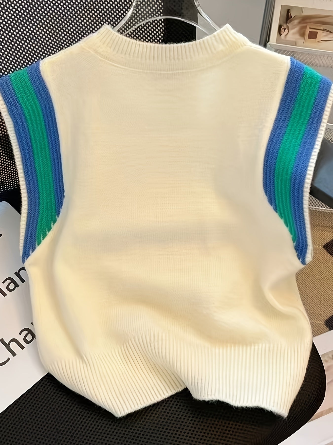 Antmvs Contrast Trim Crew Neck Tank Top, Cute Sleeveless Stripes Tank Top For Spring & Fall, Women's Clothing