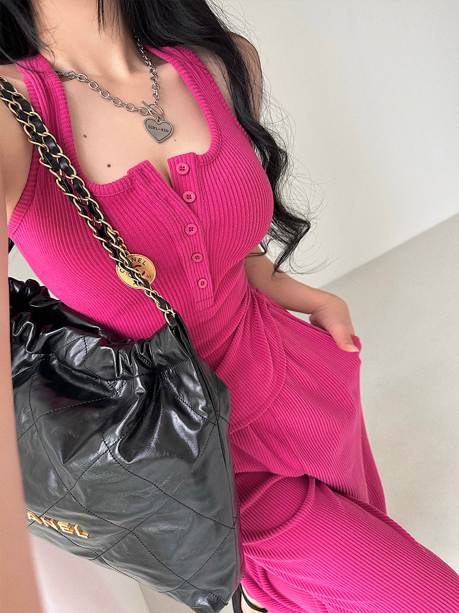 Antmvs Lia Solid Color Square Neck Wide Strap Ribbed Top + High Waist Straight Leg Pants Matching Set