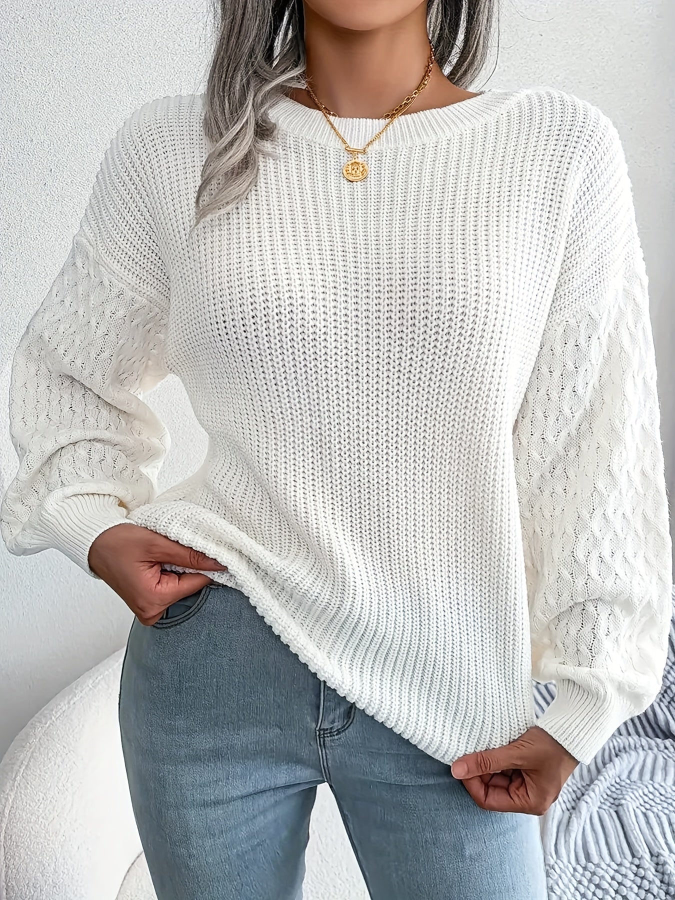 Antmvs Plus Size Casual Sweater, Women's Plus Solid Cable Lantern Sleeve Round Neck Medium Stretch Jumper
