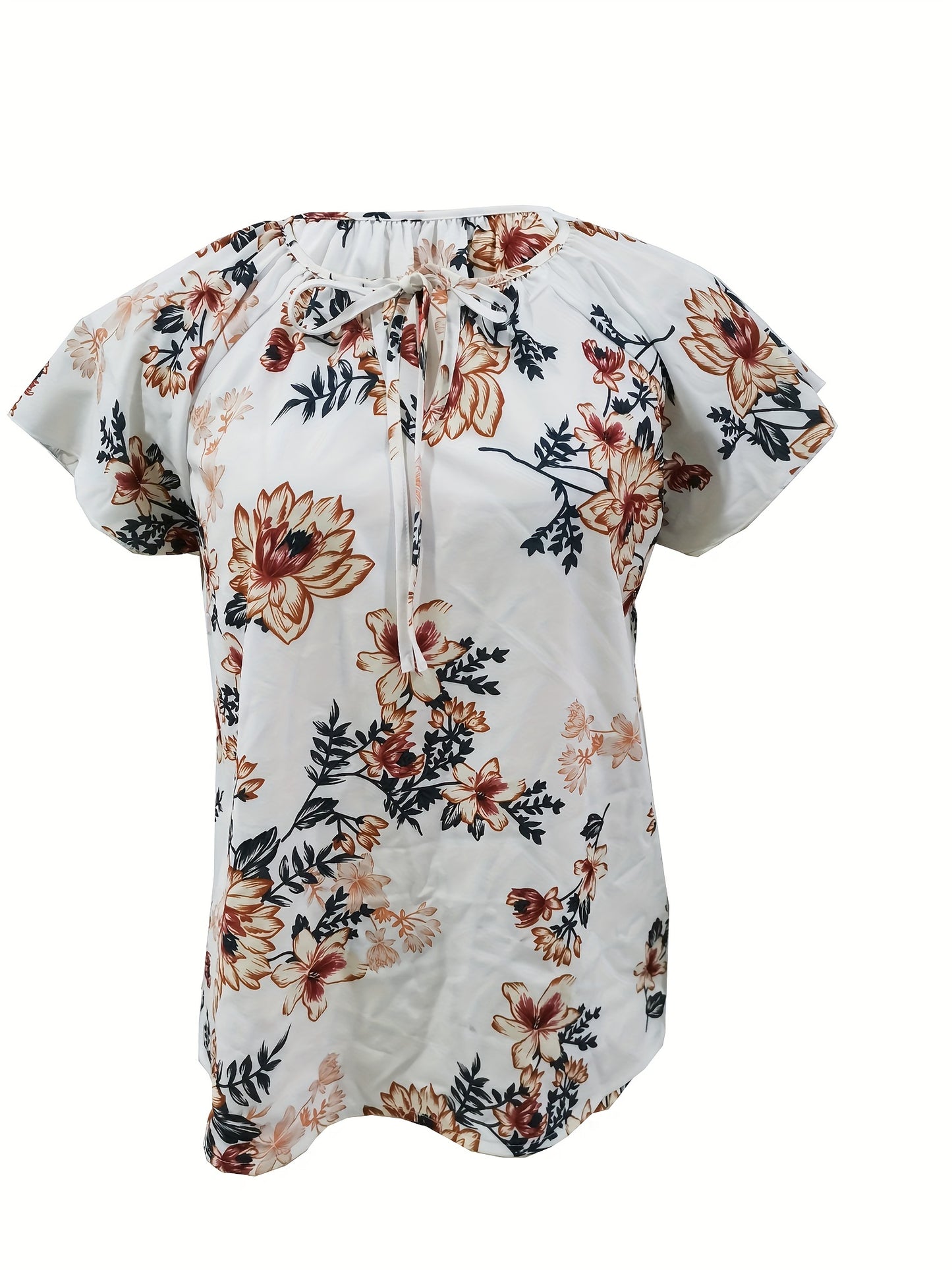 Antmvs Floral Print Drawstring Blouse, Elegant V Neck Short Sleeve Blouse, Women's Clothing