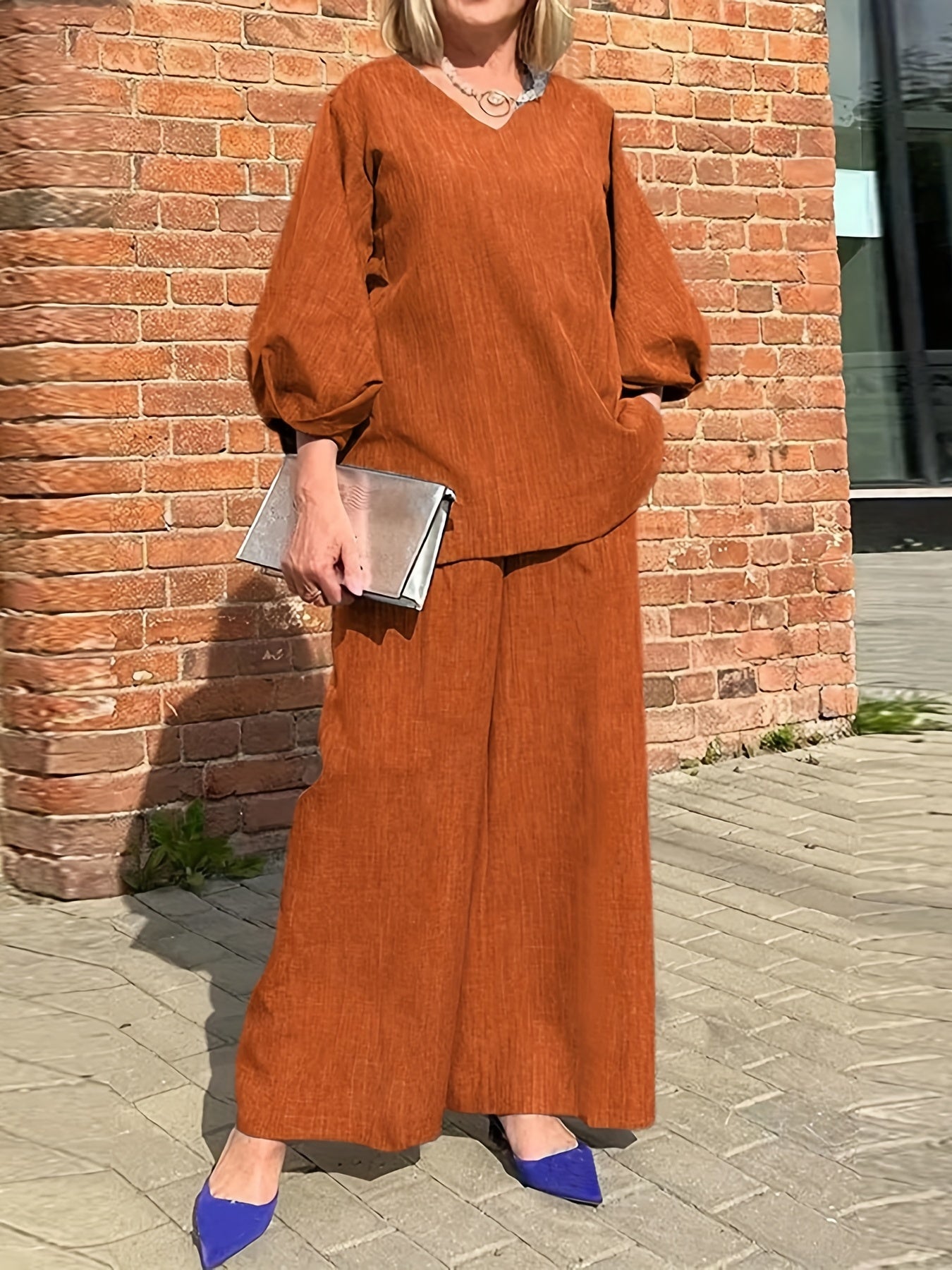Antmvs Solid Casual Two-piece Set, V Neck Lantern Sleeve Tops & Wide Leg Pants Outfits, Women's Clothing