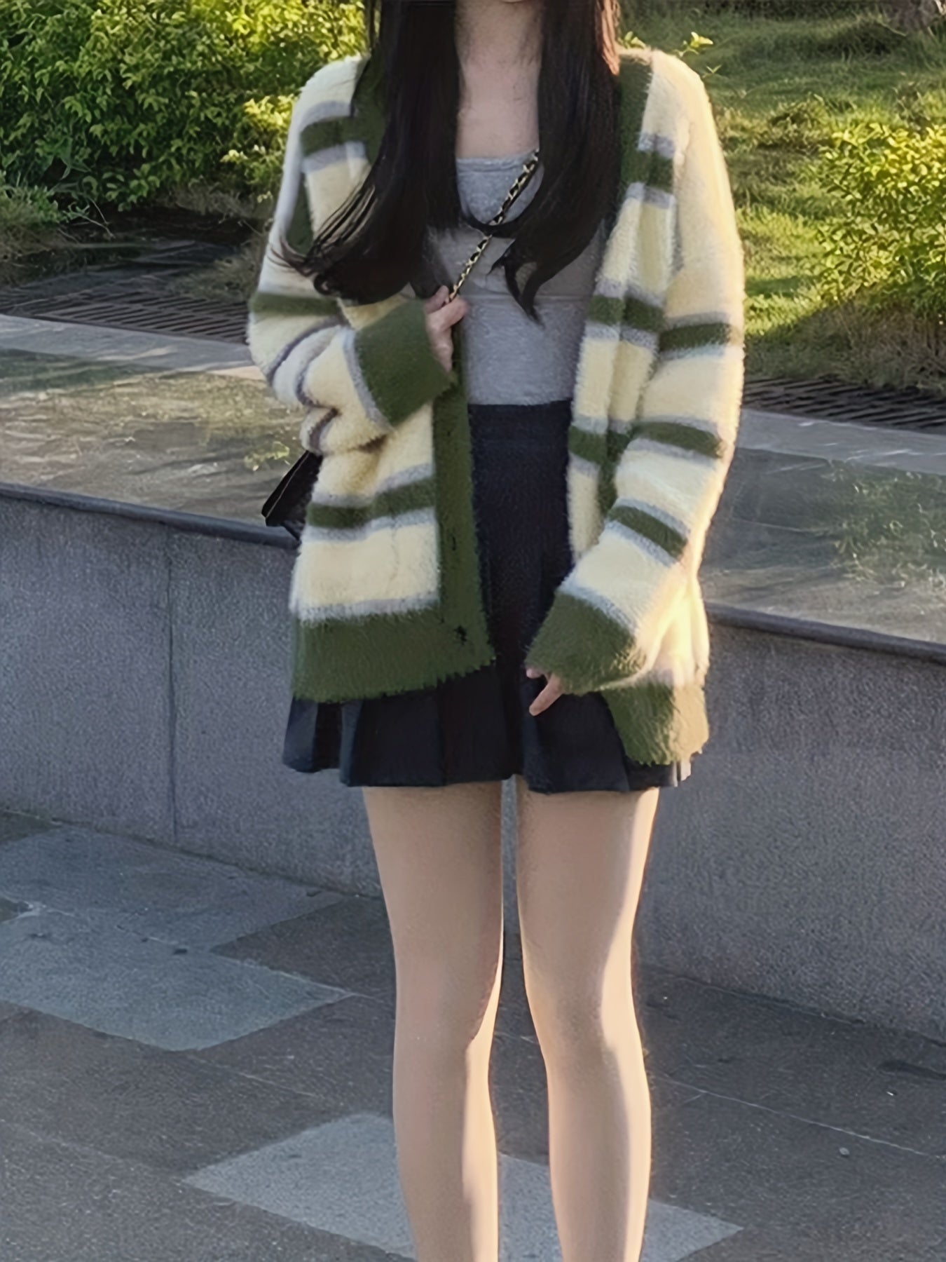 Antmvs Striped Button Down Knit Cardigan, Cute Long Sleeve Loose Sweater With Pocket, Women's Clothing