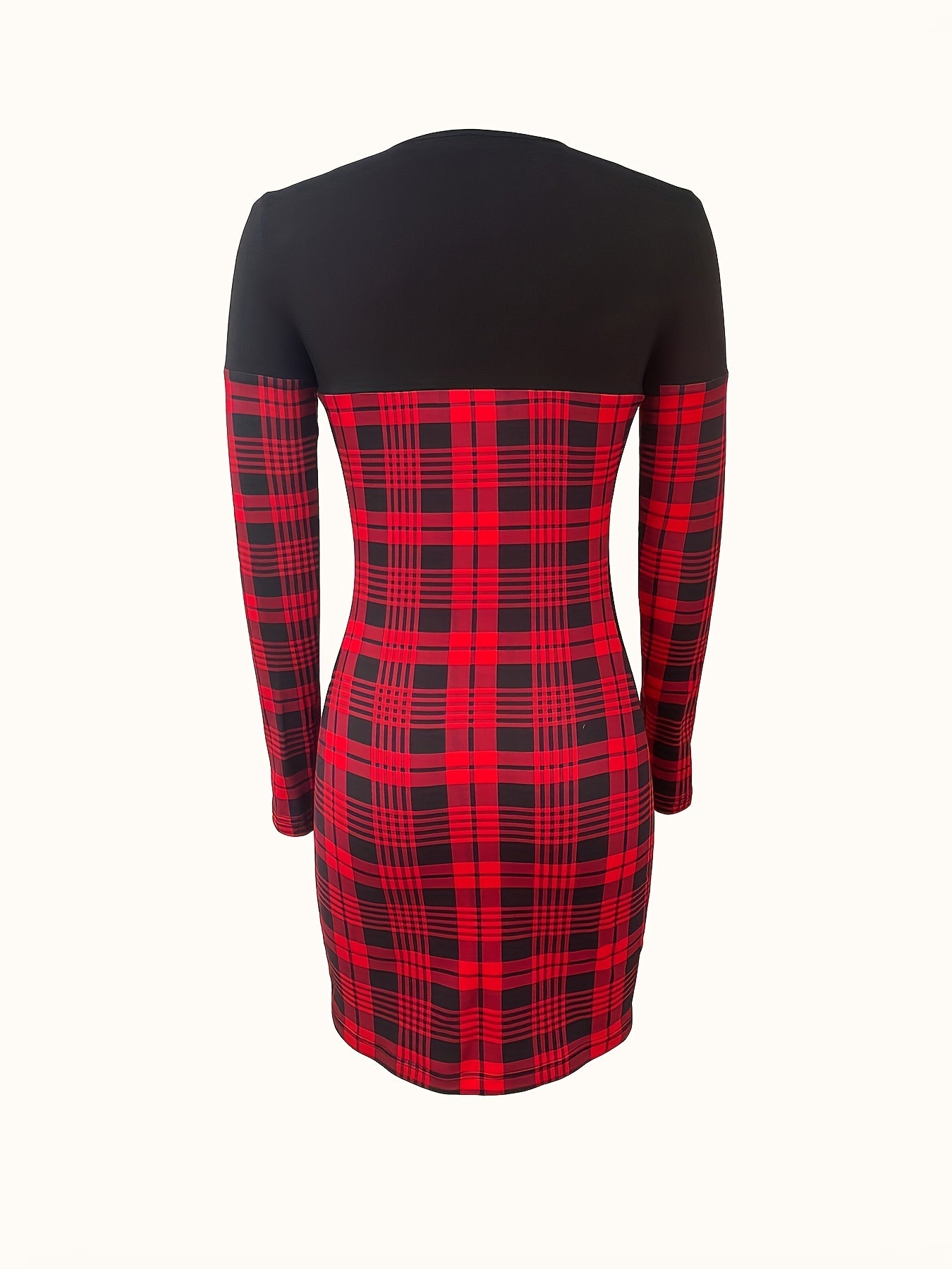 Antmvs Plaid Pattern Splicing Dress, Elegant Crew Neck Long Sleeve Dress, Women's Clothing
