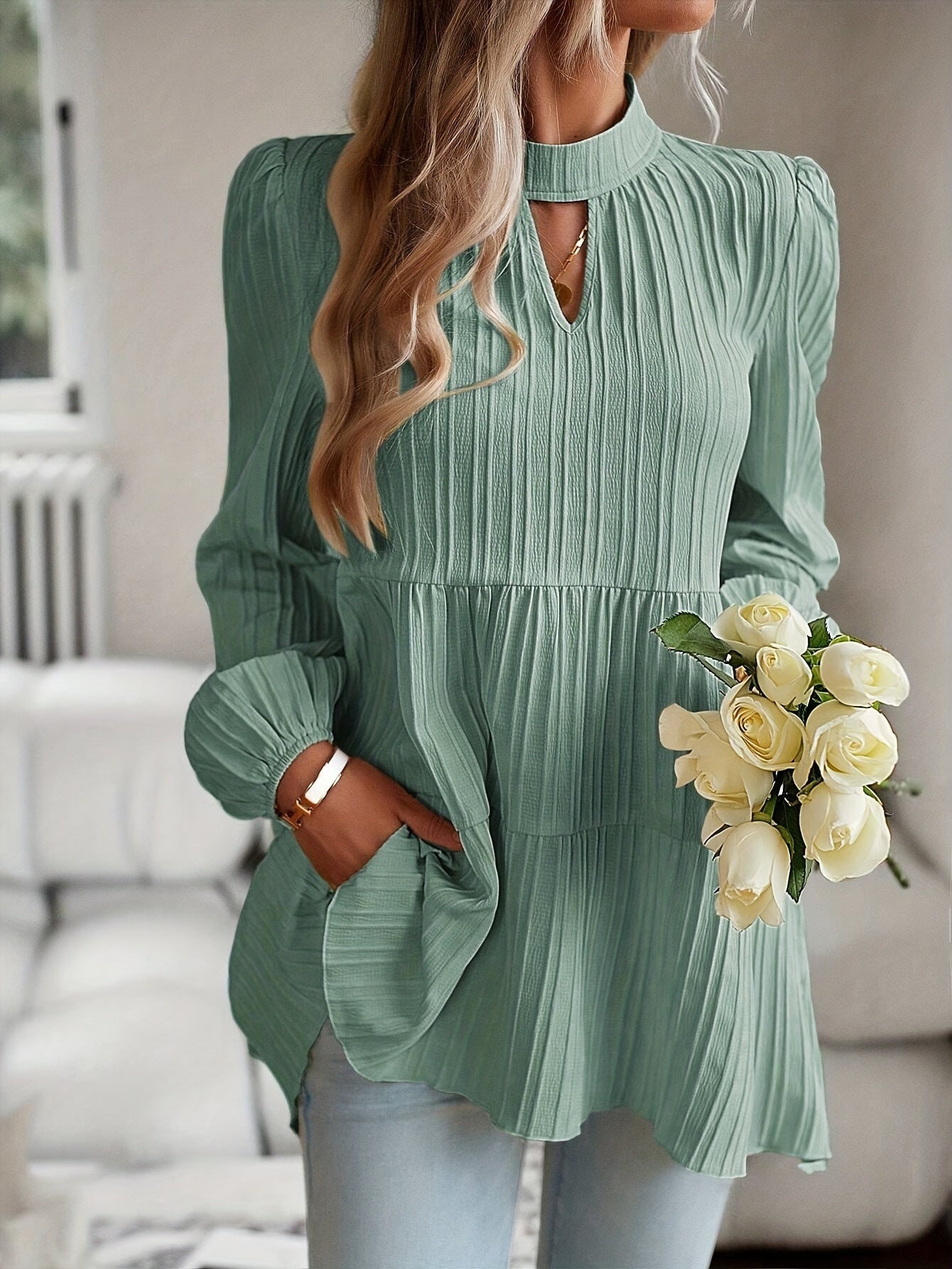 Antmvs Textured Keyhole Blouse, Elegant Mock Neck Long Sleeve Blouse, Women's Clothing