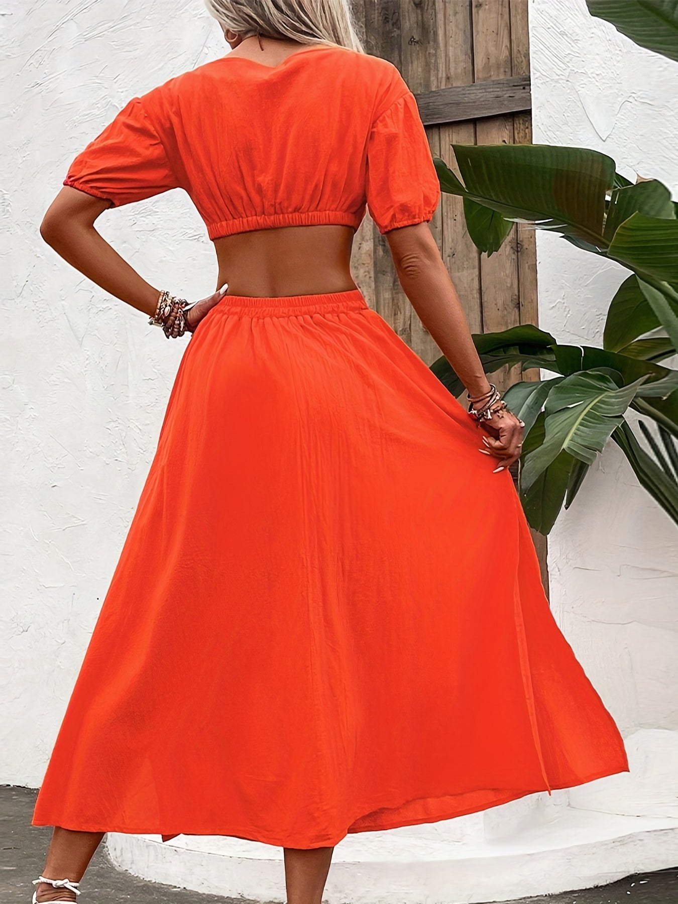 Antmvs Solid Casual Two-piece Set, Cropped Puff Sleeve Tops & Split High Waist Skirts Outfits, Women's Clothing