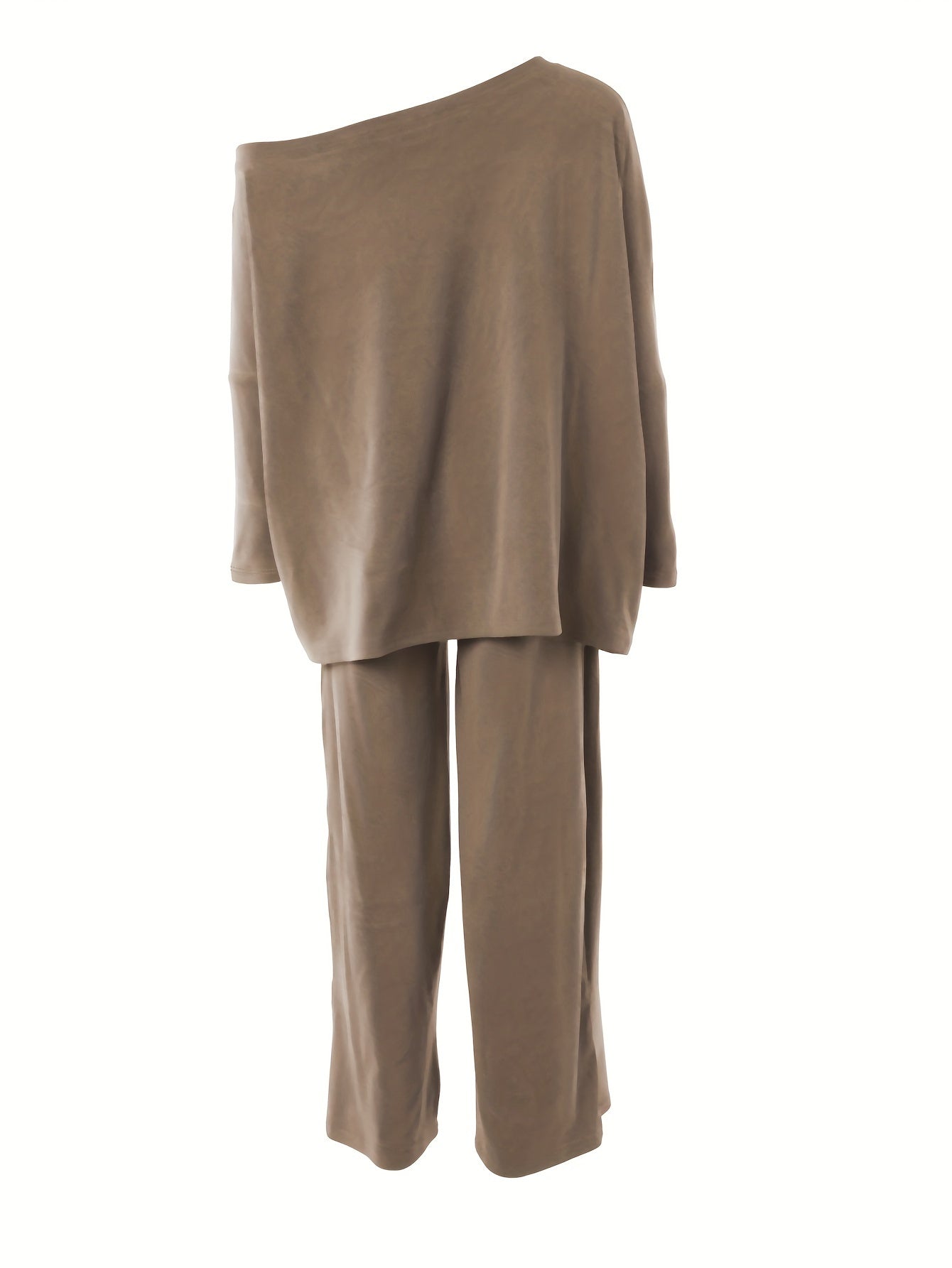 Antmvs Casual Solid Two-piece Set, One-shoulder Loose Top & Wide Leg Pants Outfits, Women's Clothing