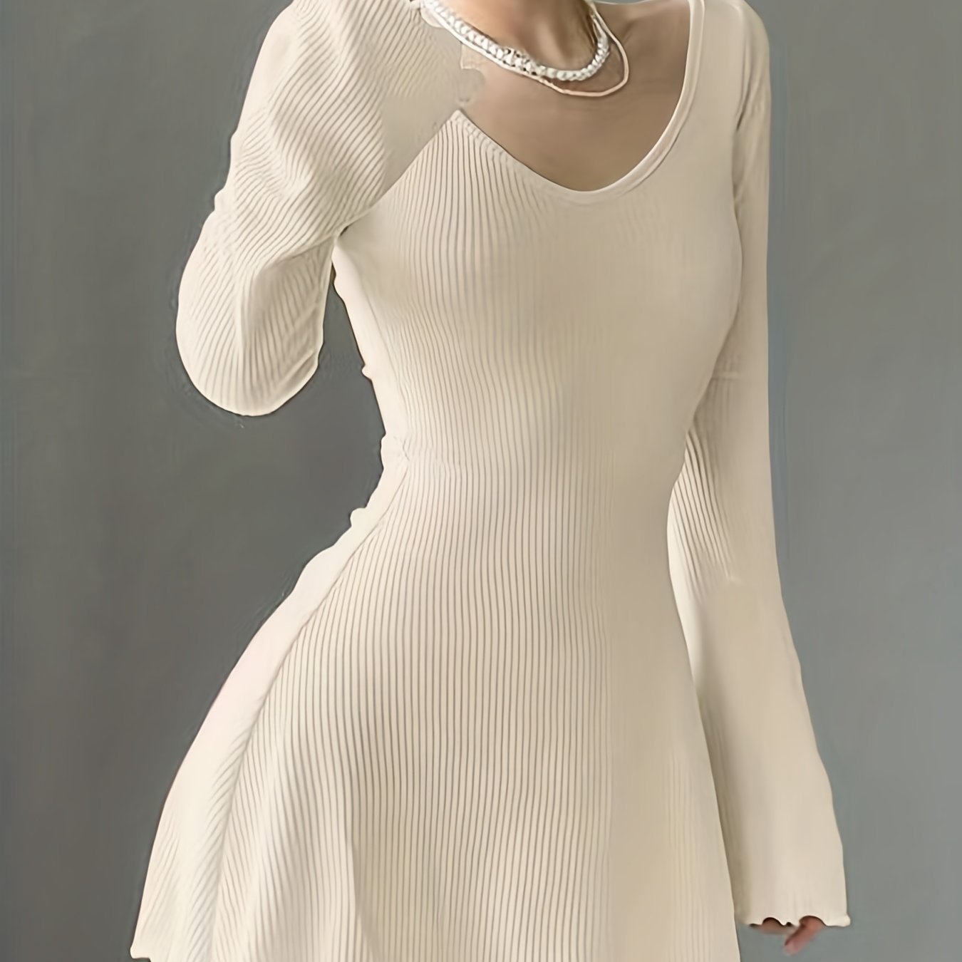 Antmvs Lettuce Trim Solid Dress, Elegant Crew Neck Long Sleeve Dress, Women's Clothing