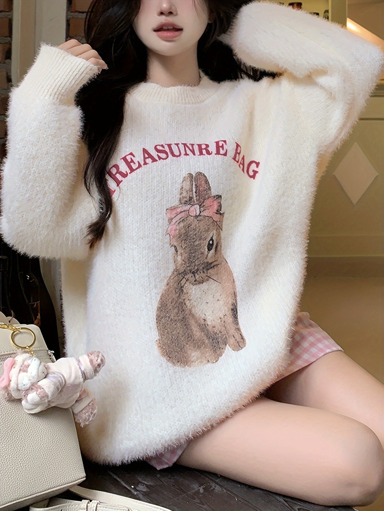 Antmvs Rabbit & Letter Pattern Knitted Sweater, Casual Crew Neck Long Sleeve Pullover Sweater For Fall & Winter, Women's Clothing