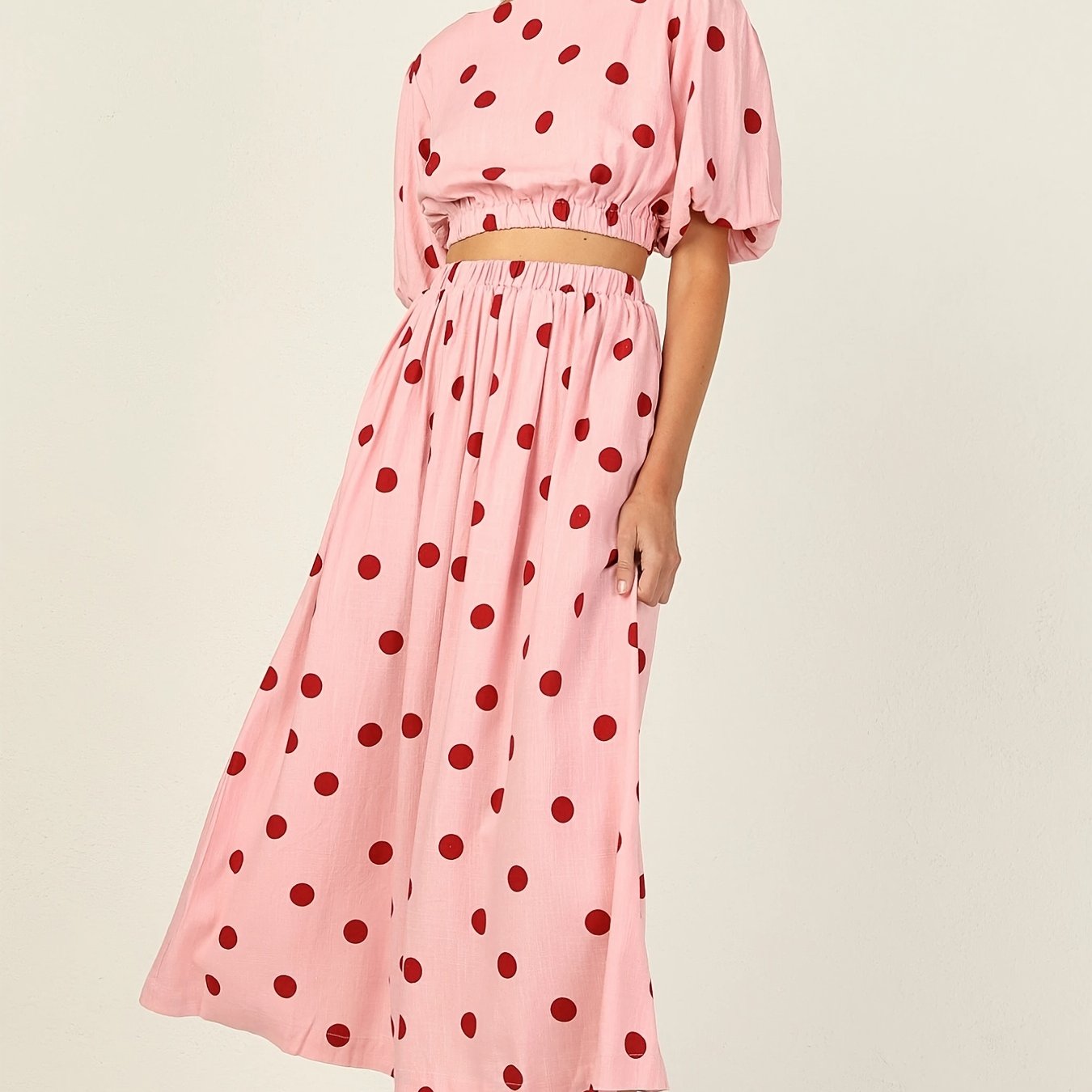 Antmvs Valentine's Day Sexy Pink Polka Dot Dresses Two-piece Set, Crew Neck Short Sleeve Tops & Long Skirt Set, Women's Clothing