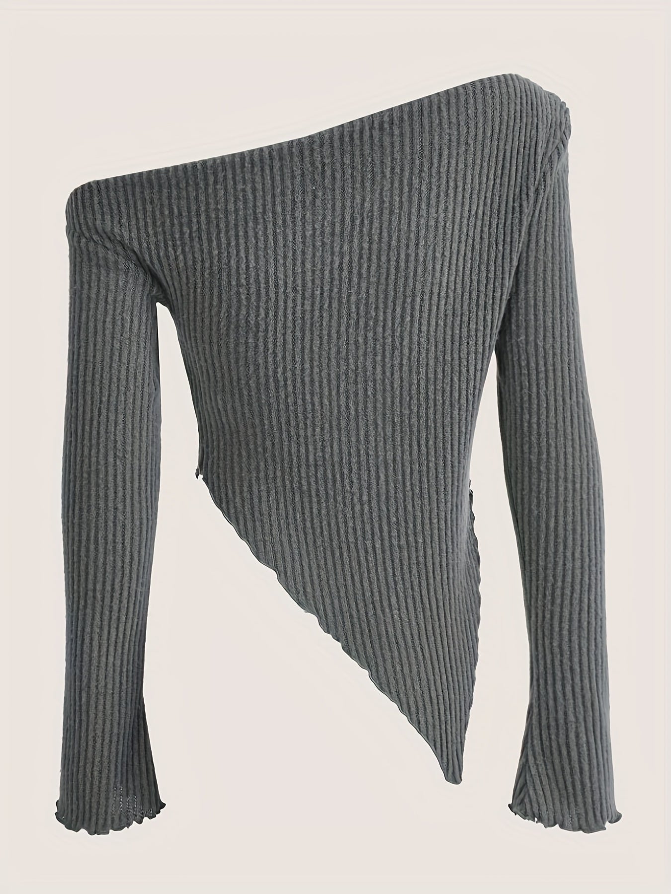 Antmvs Solid Ruched Asymmetrical Neck T-Shirt, Casual Hanky Hem Long Sleeve Top For Spring & Fall, Women's Clothing