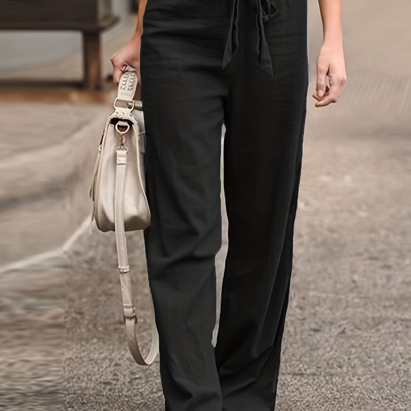 Antmvs Solid Tie Waist Pants, Casual High Waist Wide Leg Long Length Pants, Women's Clothing