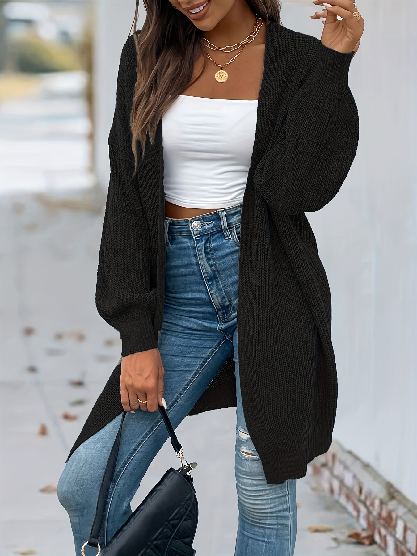 Antmvs Open Front Vintage Cardigan, Loose Long Sleeve Sweaters, Casual Long Knitwear Coat, Women's Clothing