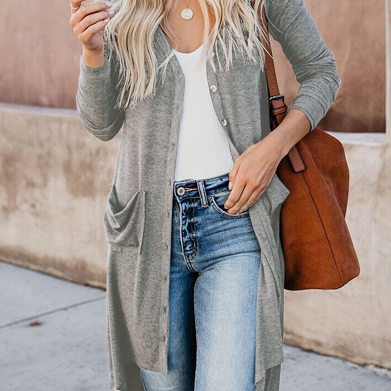 Antmvs Plus Size Casual Coat, Women's Plus Solid Long Sleeve Button Up V Neck High Low Hem Pocketed Sweater Cardigan