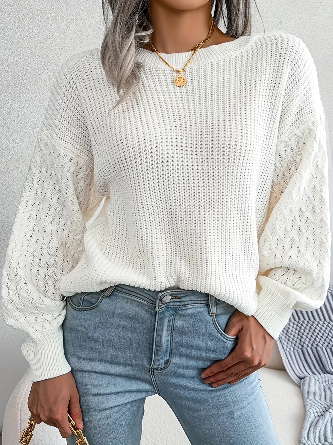 Antmvs Plus Size Casual Sweater, Women's Plus Solid Cable Lantern Sleeve Round Neck Medium Stretch Jumper