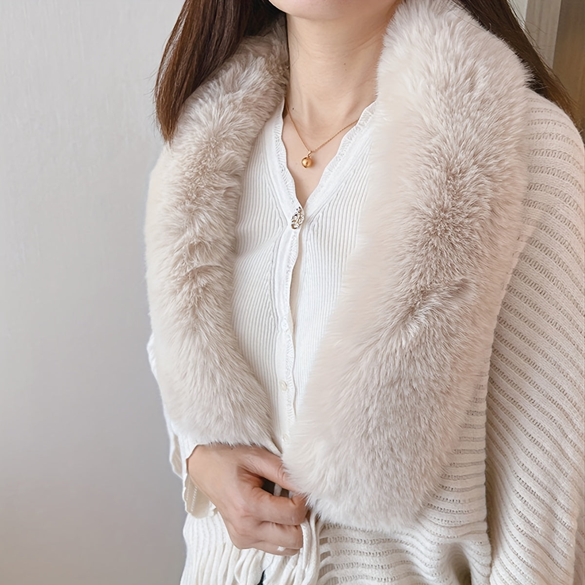 Antmvs Winter Faux Fur Collar Shawl Cape Solid Color Warm Shawl Coat Casual Loose Outer Wear Knit Shawl Wrap