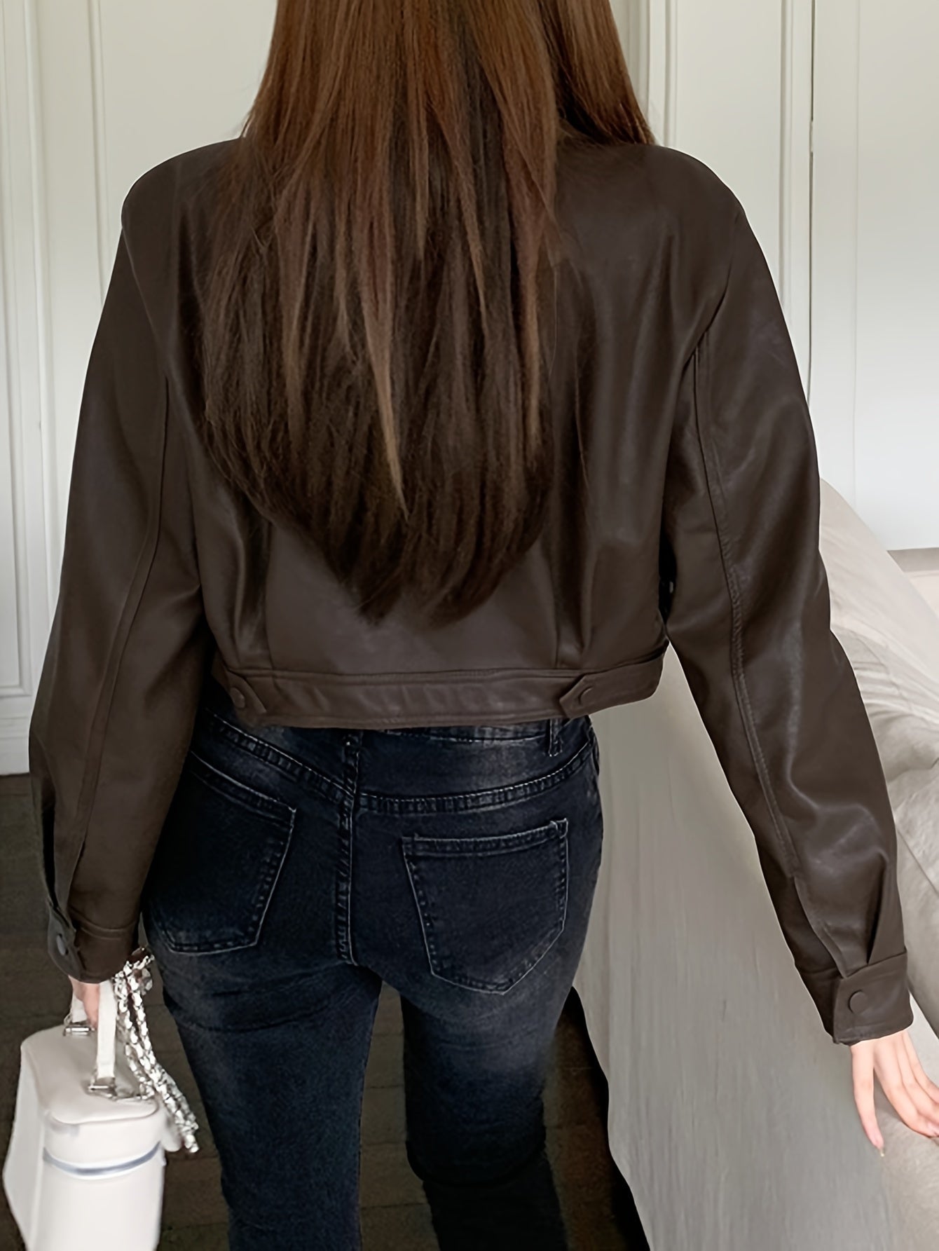 Antmvs Faux Leather Zip-up Jacket, Casual Long Sleeve Crop Biker Jacket For Fall & Winter, Women's Clothing