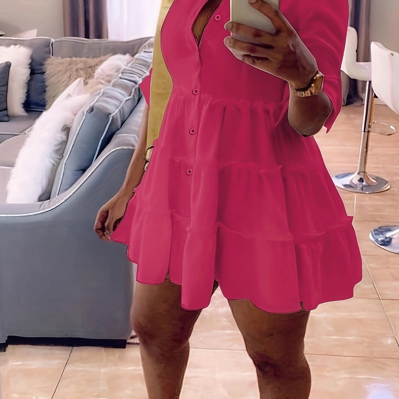 Antmvs Ruffle Layered Hem Shirt Dress, Casual Button Dress For Spring & Summer, Women's Clothing