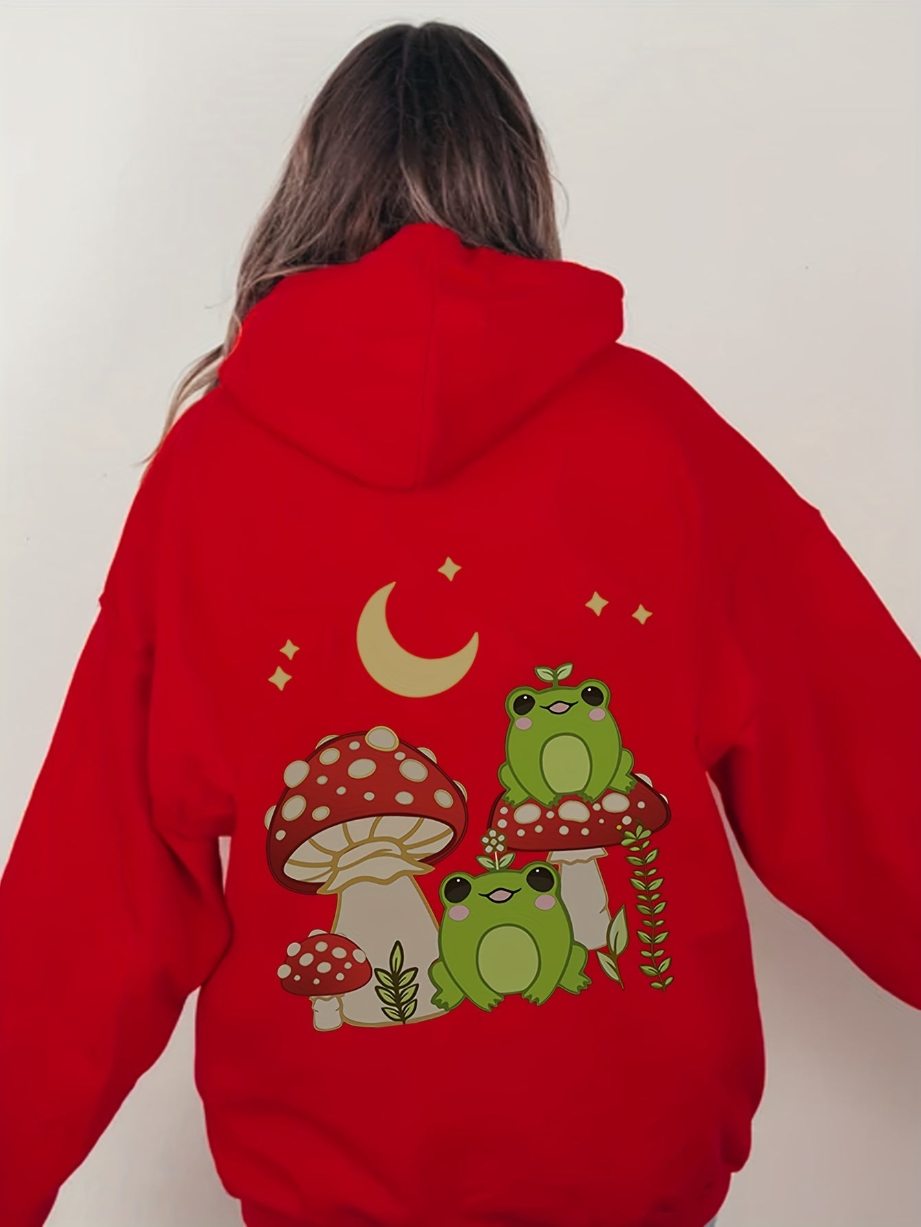 Antmvs Plus Size Casual Sweatshirt, Women's Plus Cute Frog & Mushroom Print Long Sleeve Drawstring Hooded Pullover Sweatshirt With Kangaroo Pockets, Casual Tops For Fall & Winter, Plus Size Women's Clothing