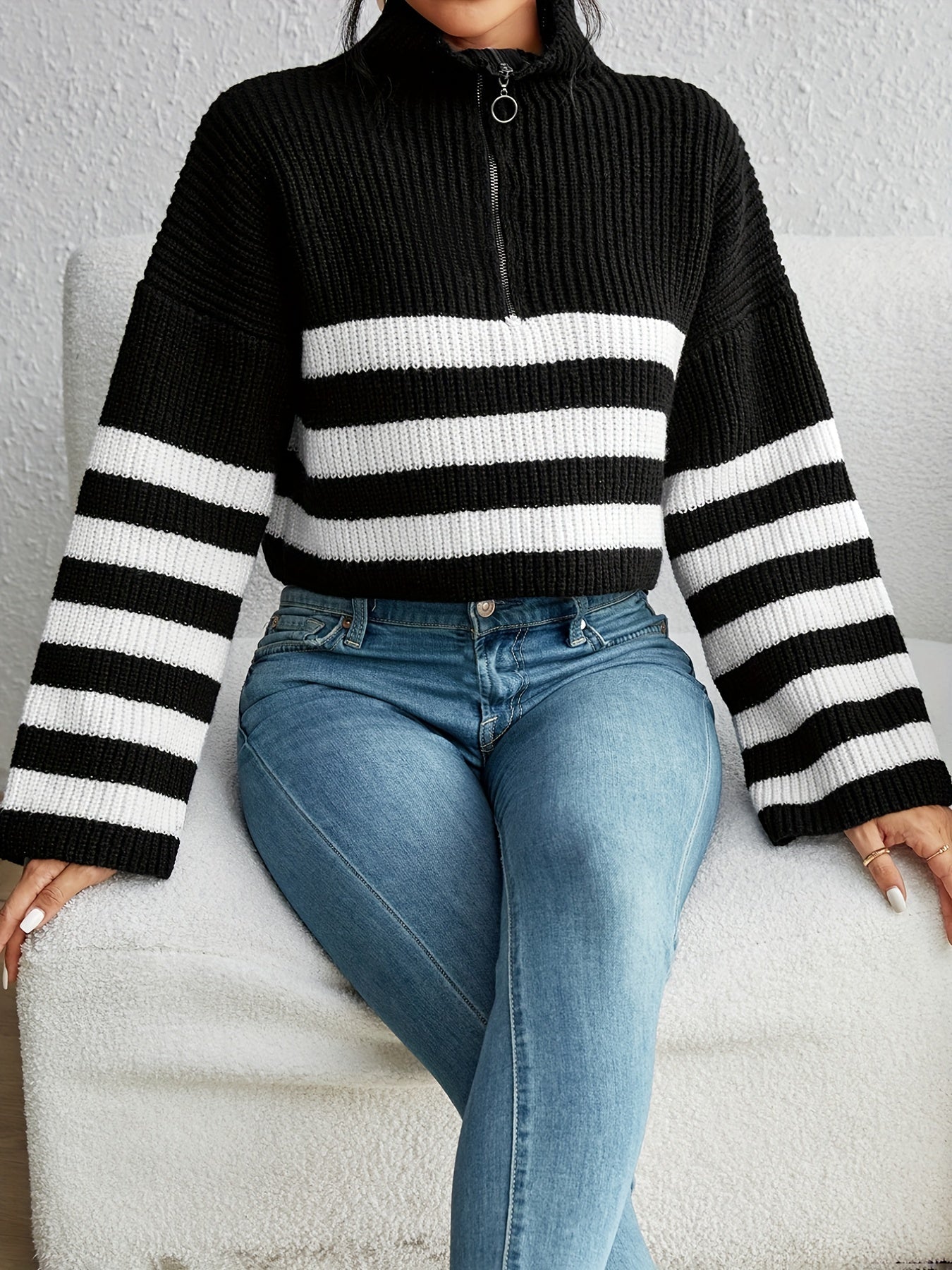 Antmvs Striped Zip Turndown Collar Crop Sweater, Casual Long Sleeve Drop Shoulder Sweater, Women's Clothing