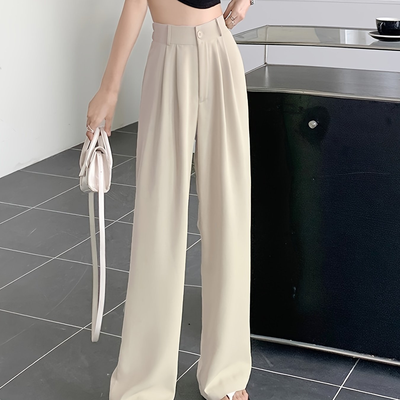 Antmvs Solid Draped Straight Leg Pants, Casual High Waist Loose Suit Pants, Women's Clothing