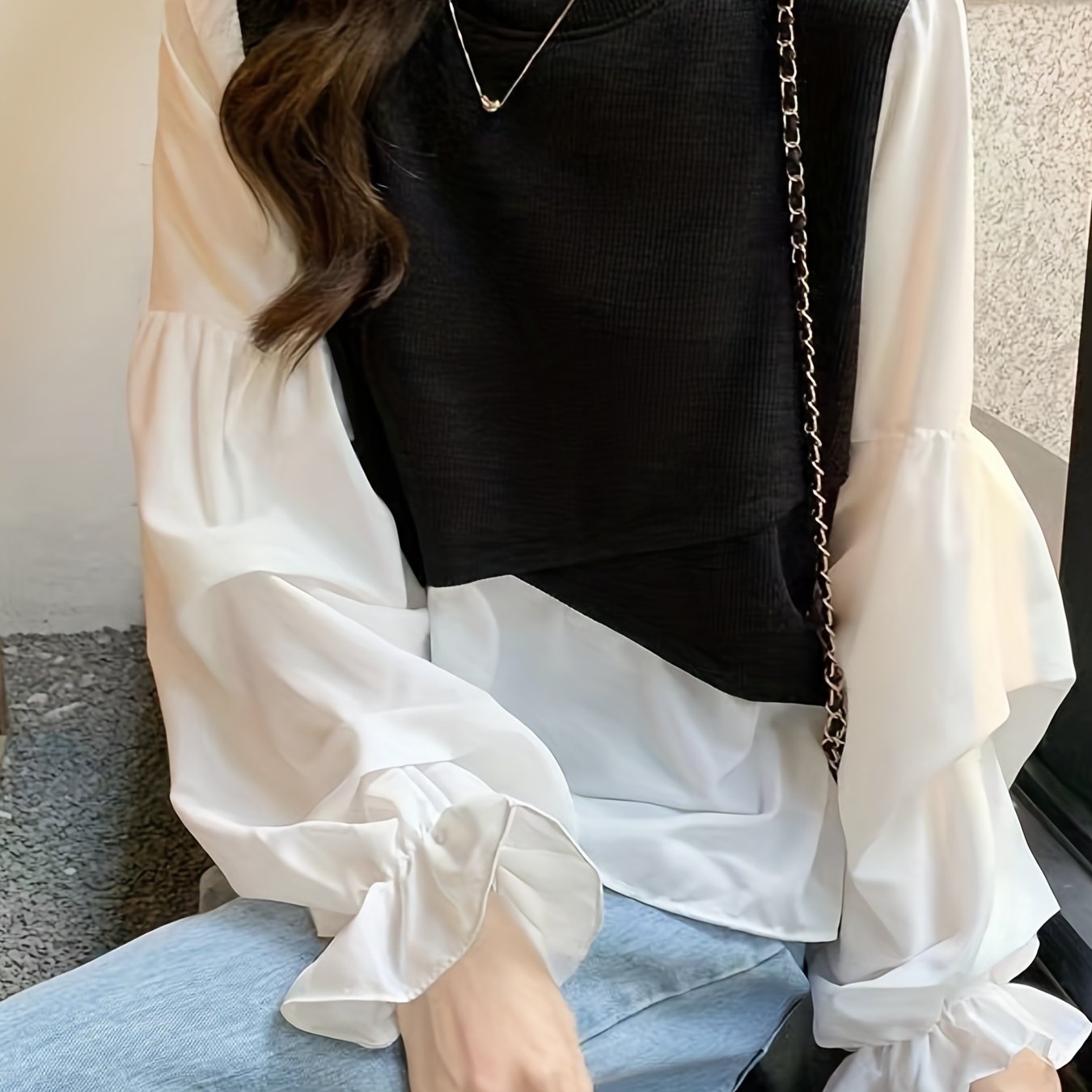 Antmvs Stitching Puff Sleeve Knitted Top, Elegant Crew Neck Long Sleeve Top, Women's Clothing