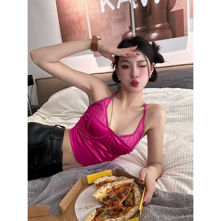 Antmvs Riri Solid Color Pink Satin Spaghetti Strap Slim Cropped Camisole Top