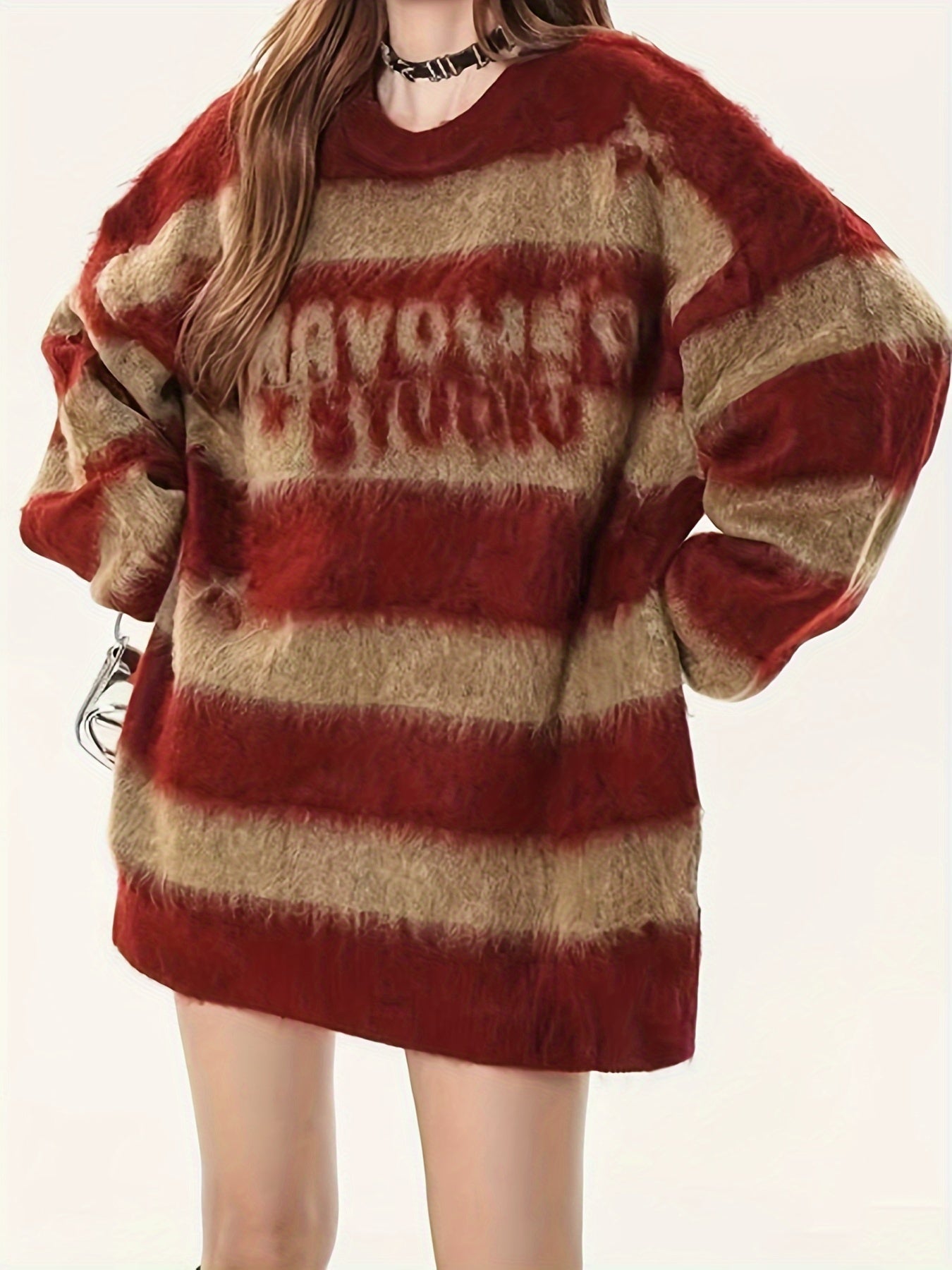 Antmvs Letter Pattern Striped Knit Sweater, Casual Long Sleeve Pullover Sweater, Women's Clothing