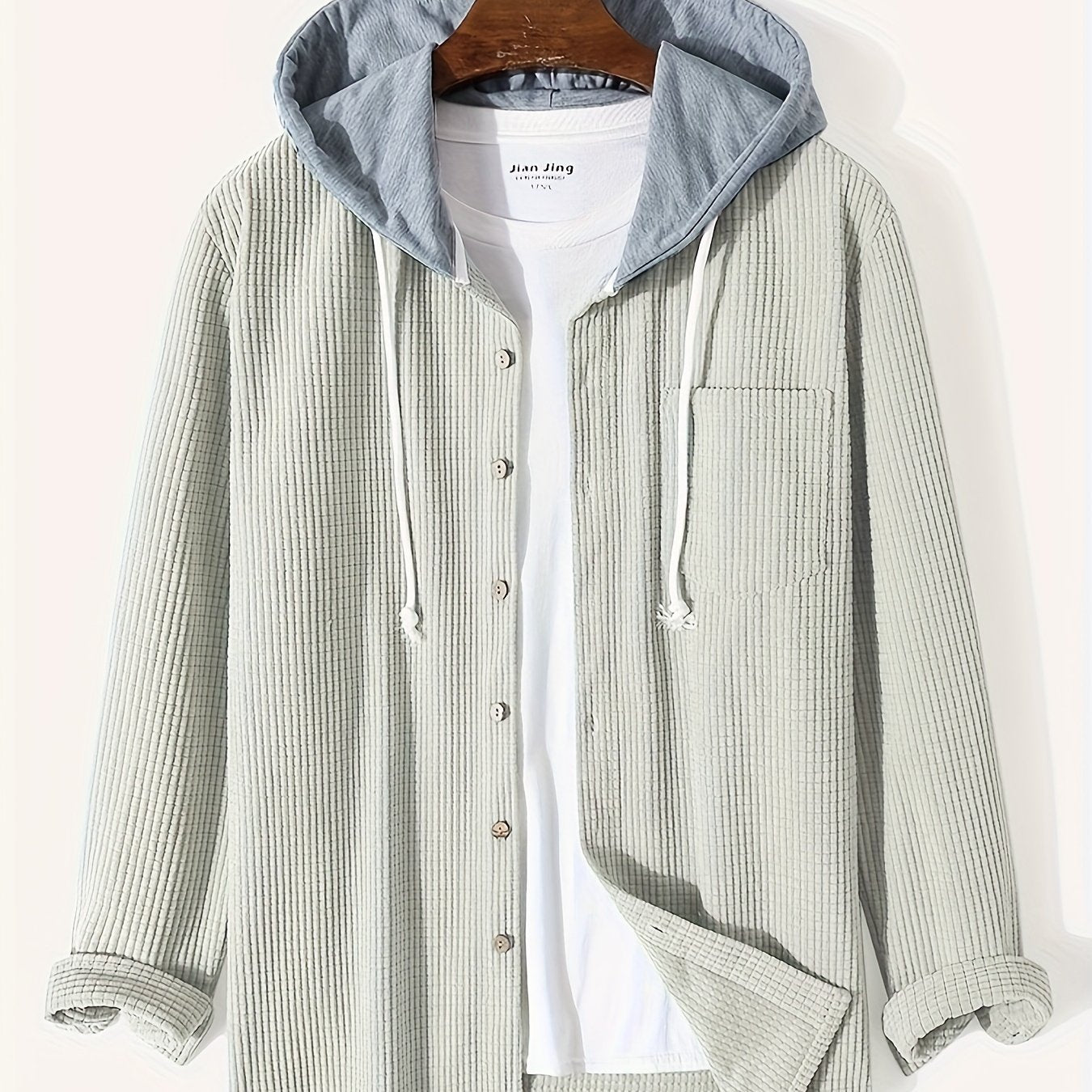 Antmvs Waffle Pattern Hoodie Shirt Coat For Men Long Sleeve Casual Regular Fit Button Up Hooded Shirts Jacket
