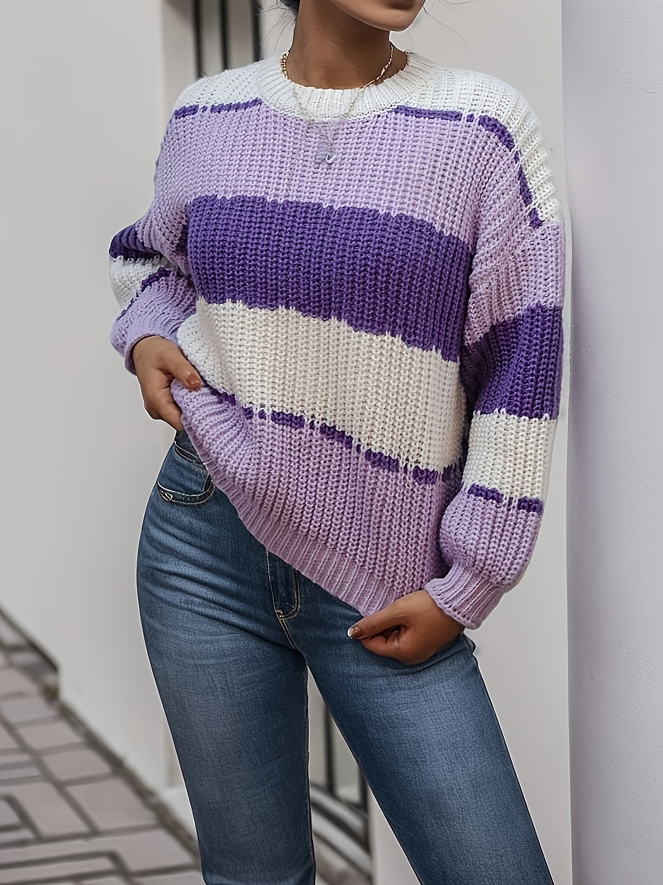Antmvs Long Sleeve Color Block Sweater, Loose Casual Sweater, Women's Clothing
