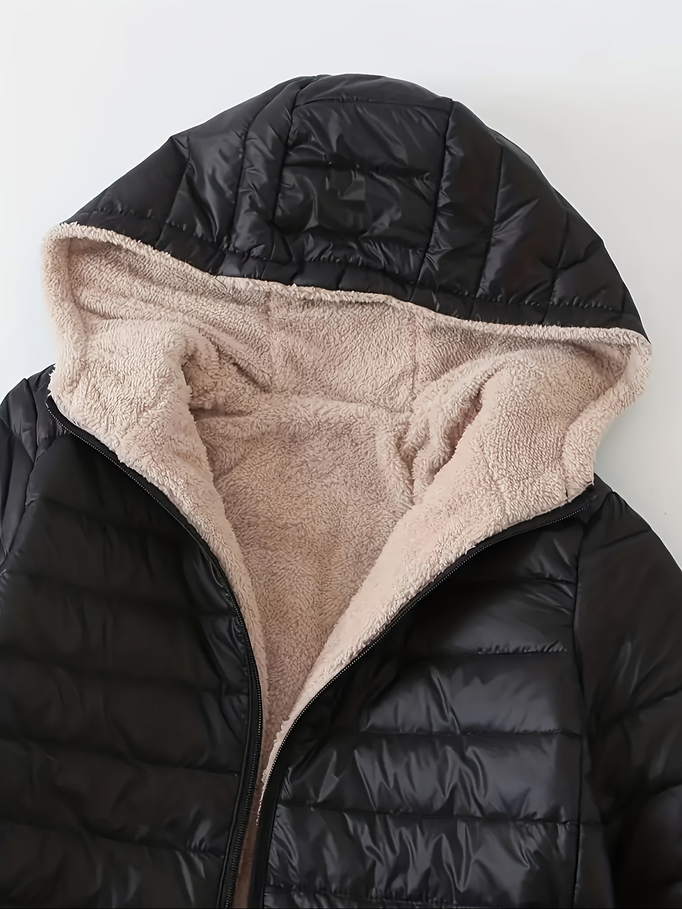 Antmvs Mid-length Hooded Slim Fit Fleece Padded Jacket, Warm Solid Color Causal Winter Coat, Women's Activewear