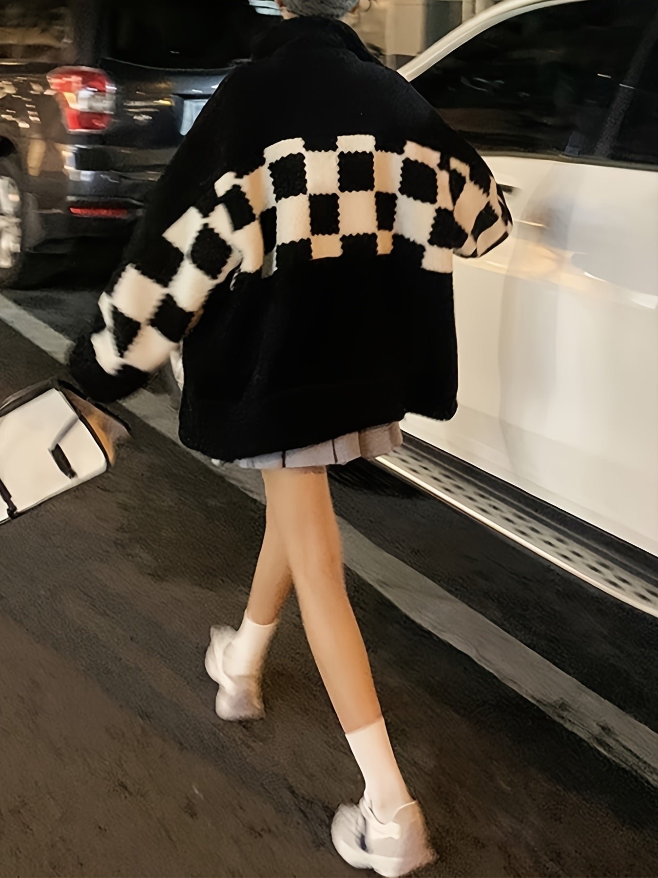 Antmvs Women's Checkered Print Oversized Plush Coat, Casual Winter Jacket For Outdoors, Women's Clothing