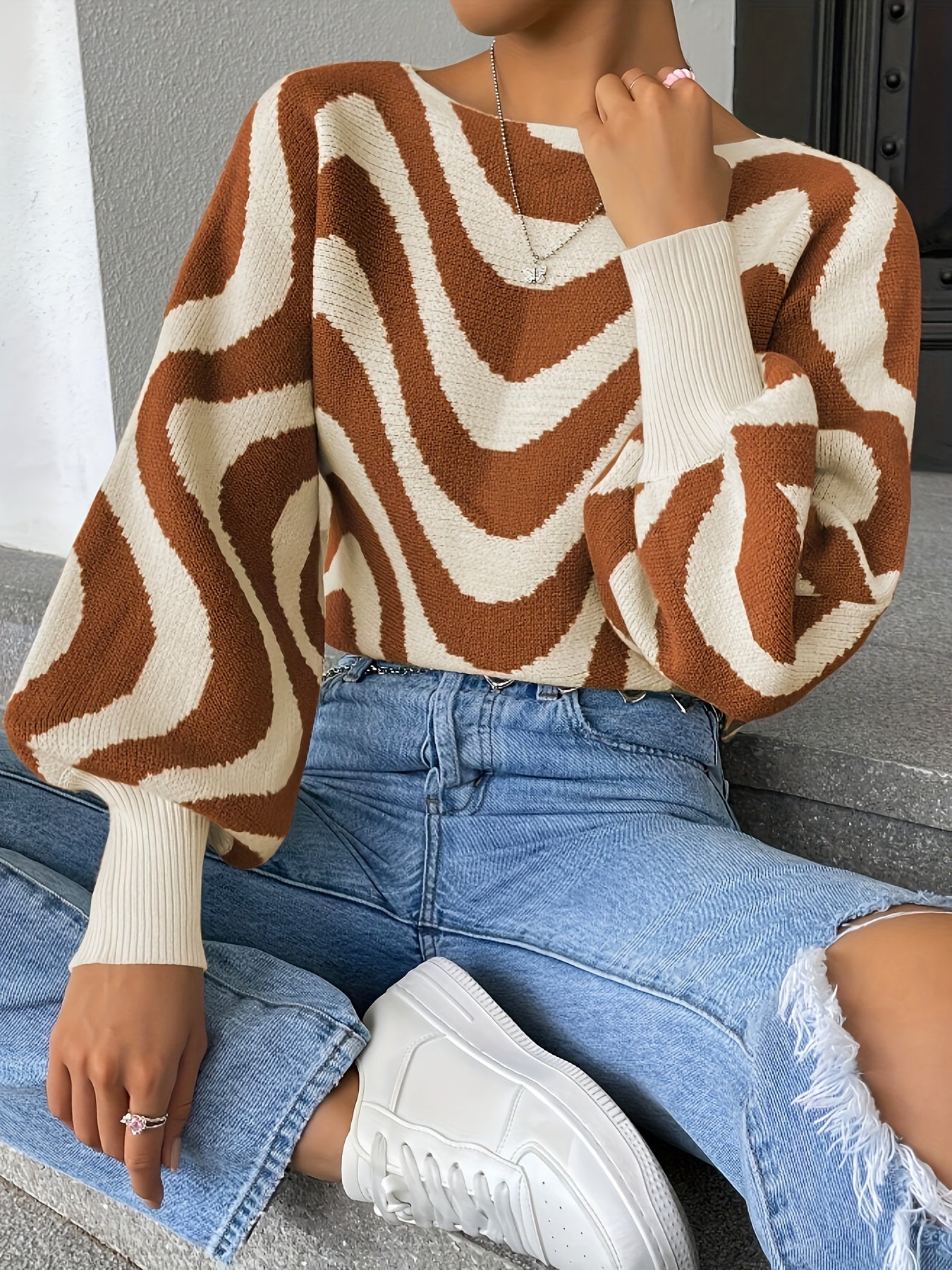 Antmvs Striped Boat Neck Pullover Sweater, Casual Lantern Sleeve Slim Sweater, Women's Clothing