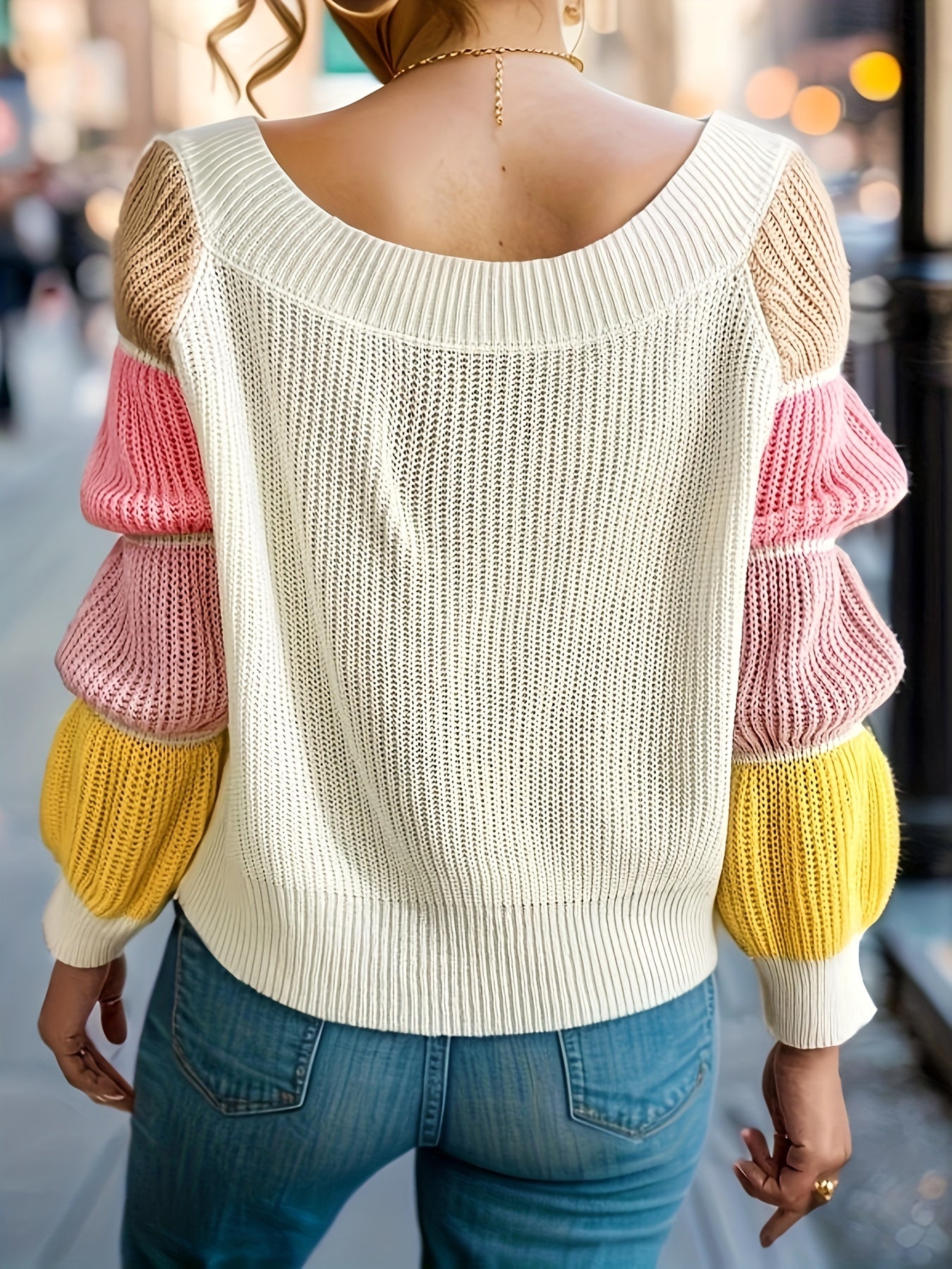 Antmvs Color Block Knit Sweater, Casual Off Shoulder Long Sleeve Pullover Sweater, Women's Clothing