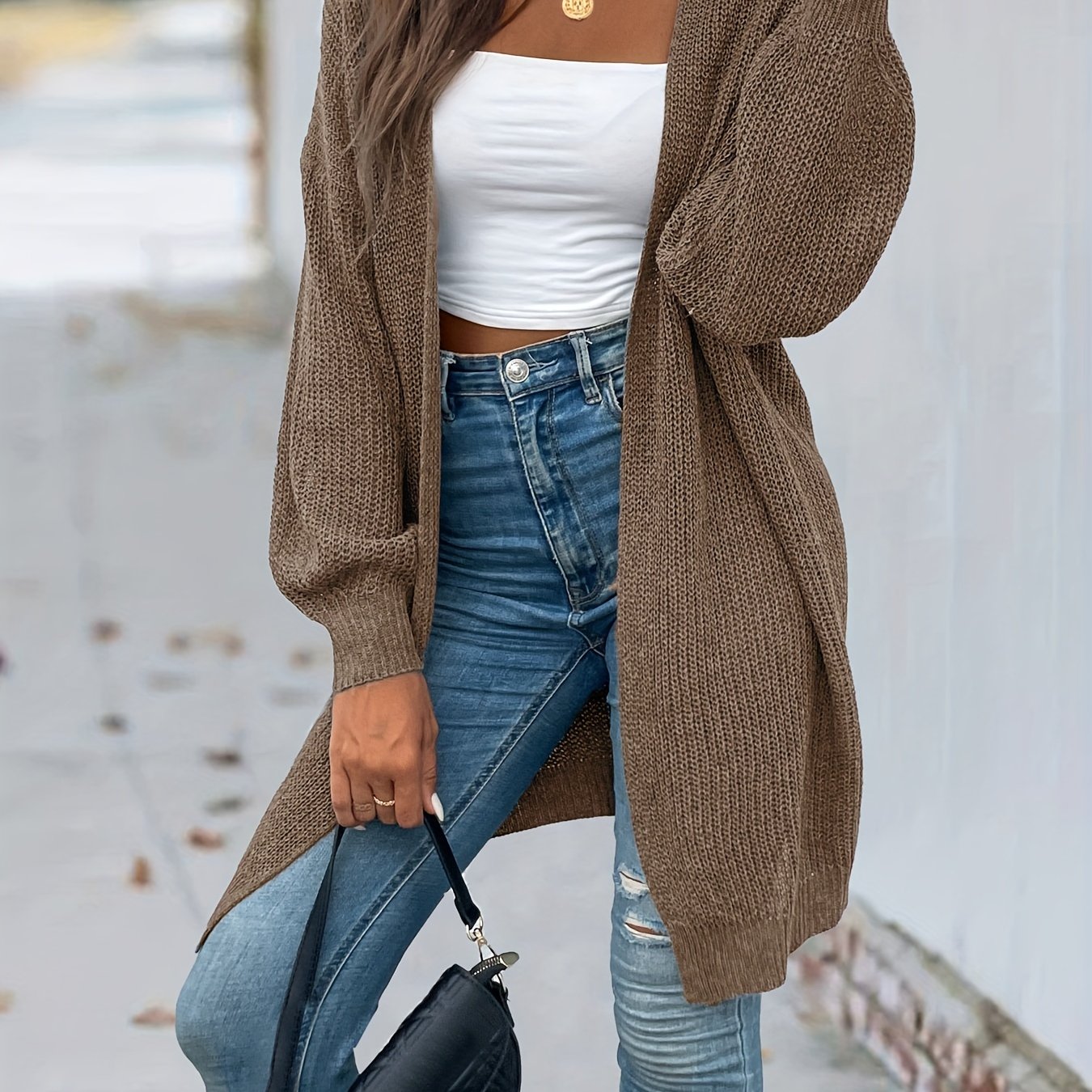 Antmvs Open Front Vintage Cardigan, Loose Long Sleeve Sweaters, Casual Long Knitwear Coat, Women's Clothing