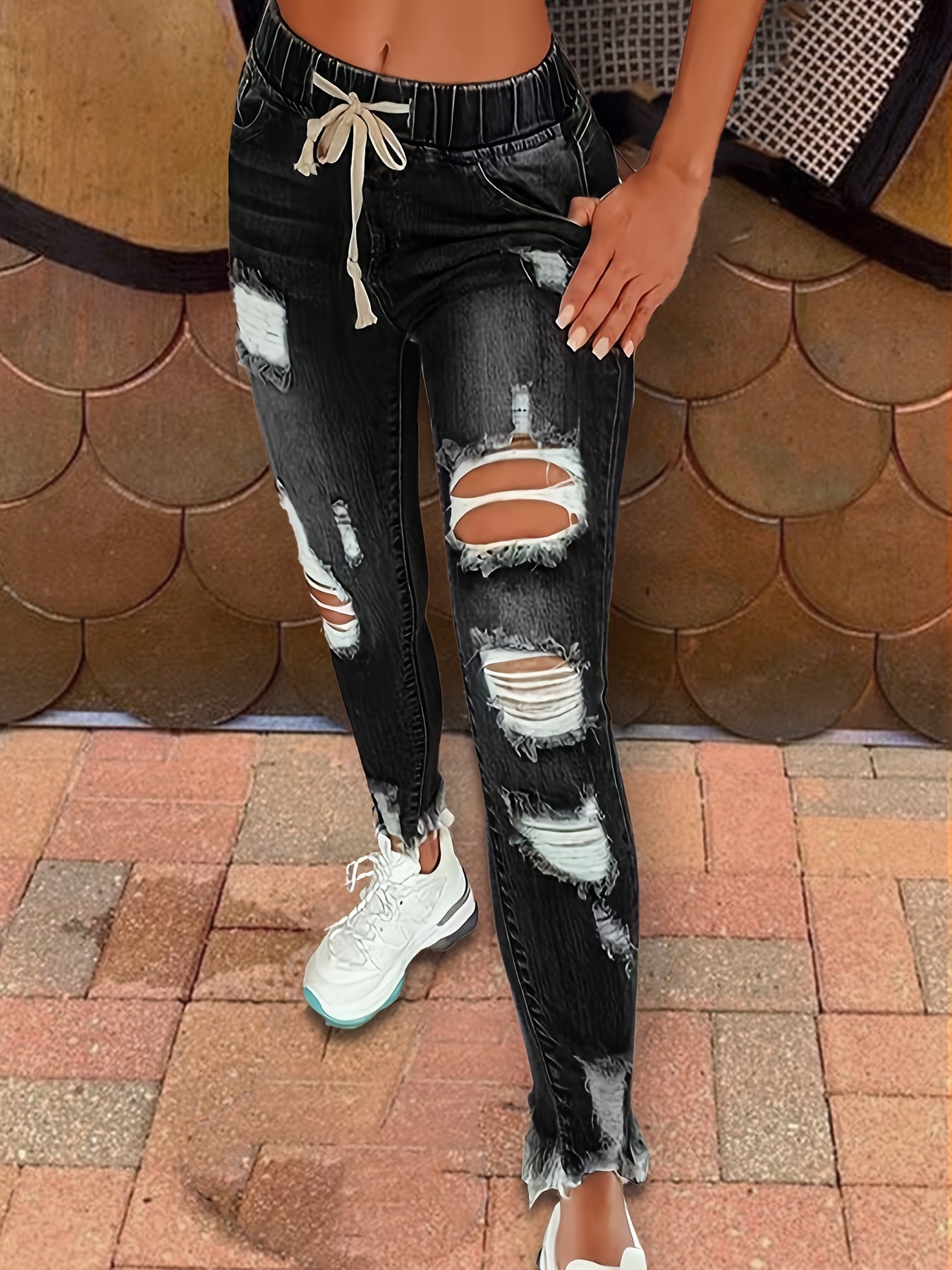 Antmvs Raw Hem Ripped Mom Jeans, Elastic Waistband Distressed Slash Pockets Denim Pants, Women's Denim Jeans & Clothing