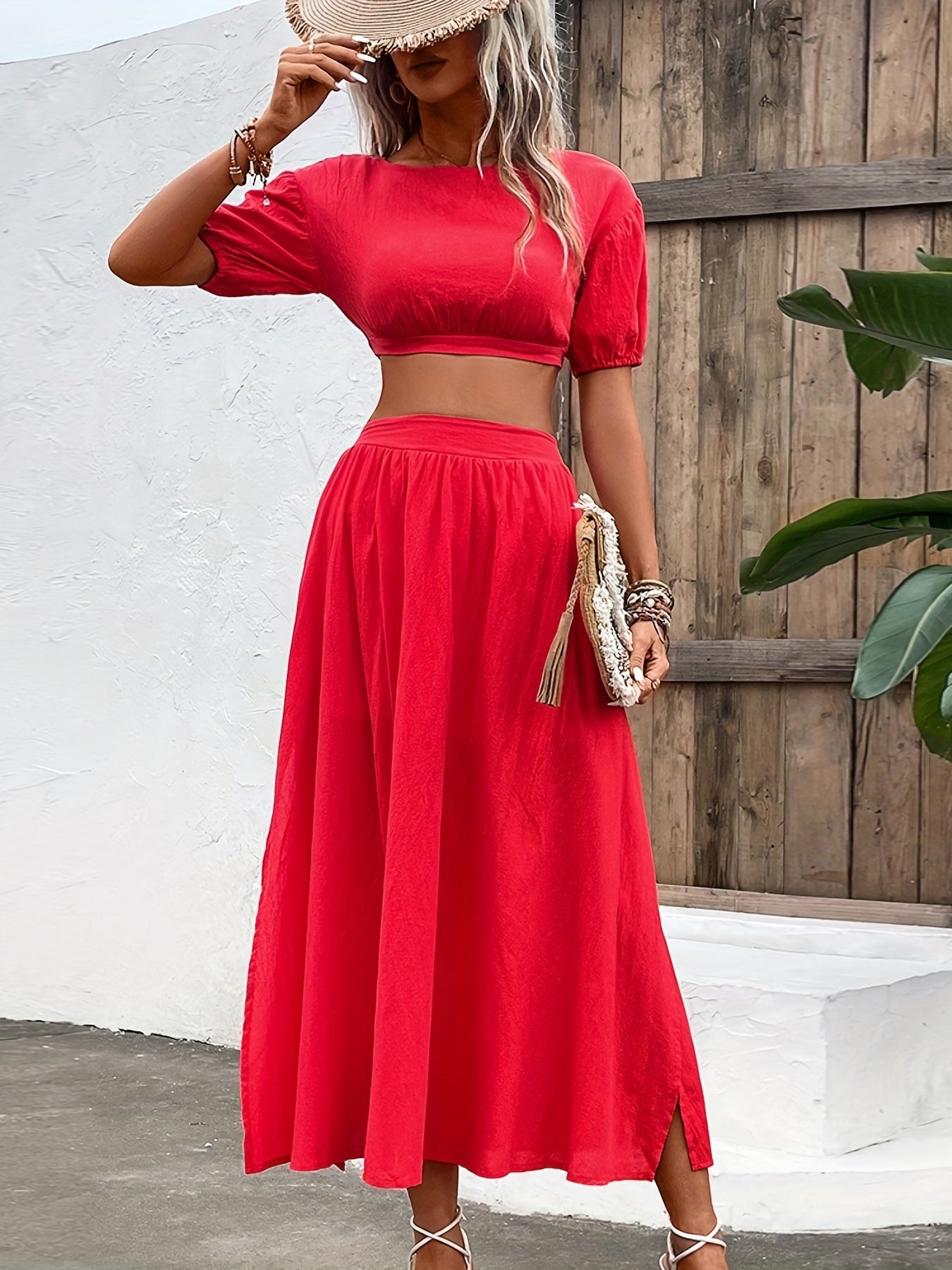 Antmvs Solid Casual Two-piece Set, Cropped Puff Sleeve Tops & Split High Waist Skirts Outfits, Women's Clothing