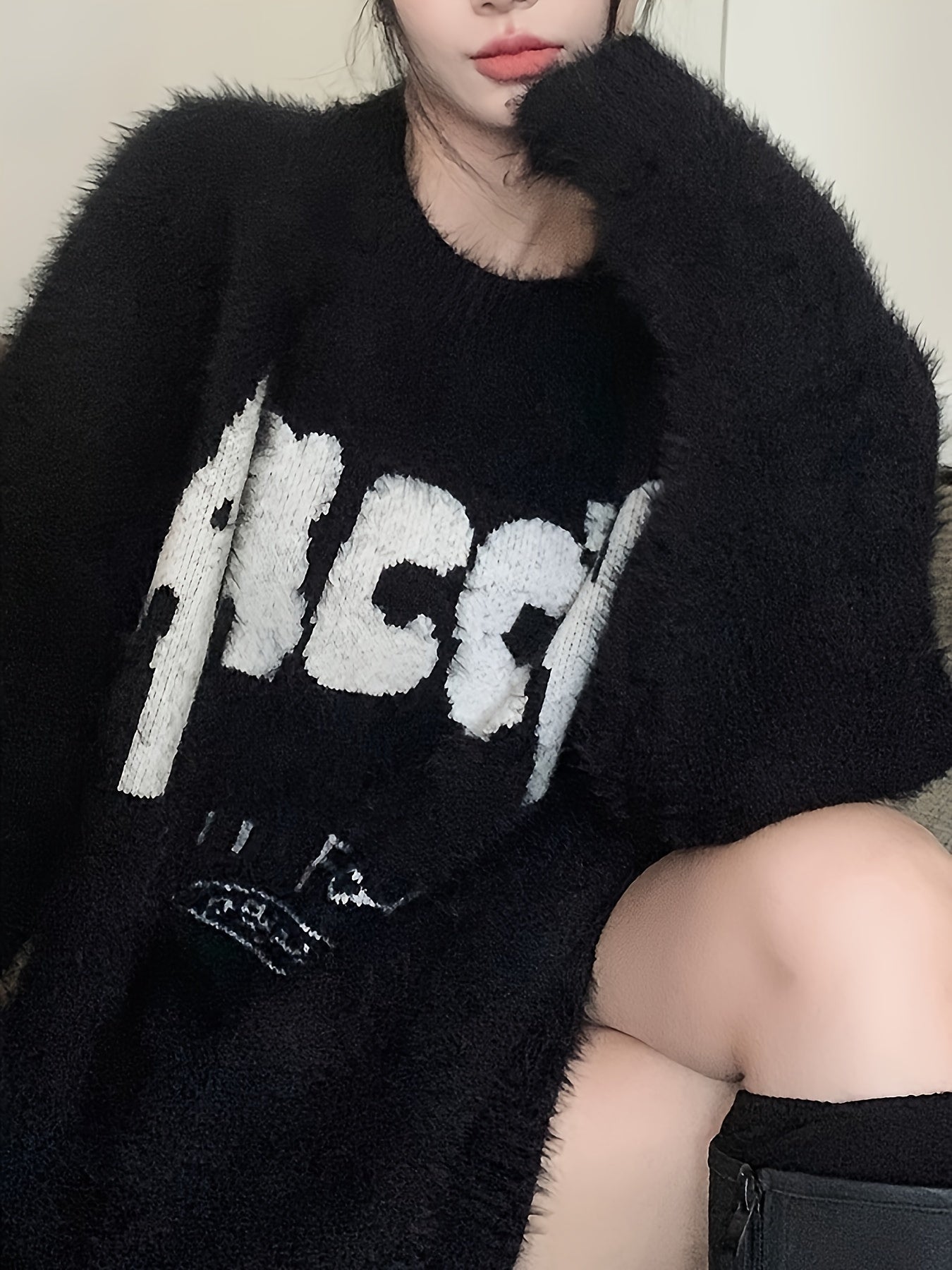 Antmvs Letter Pattern Crew Neck Fleece Sweater, Vintage Long Sleeve Oversized Pullover Sweater, Women's Clothing