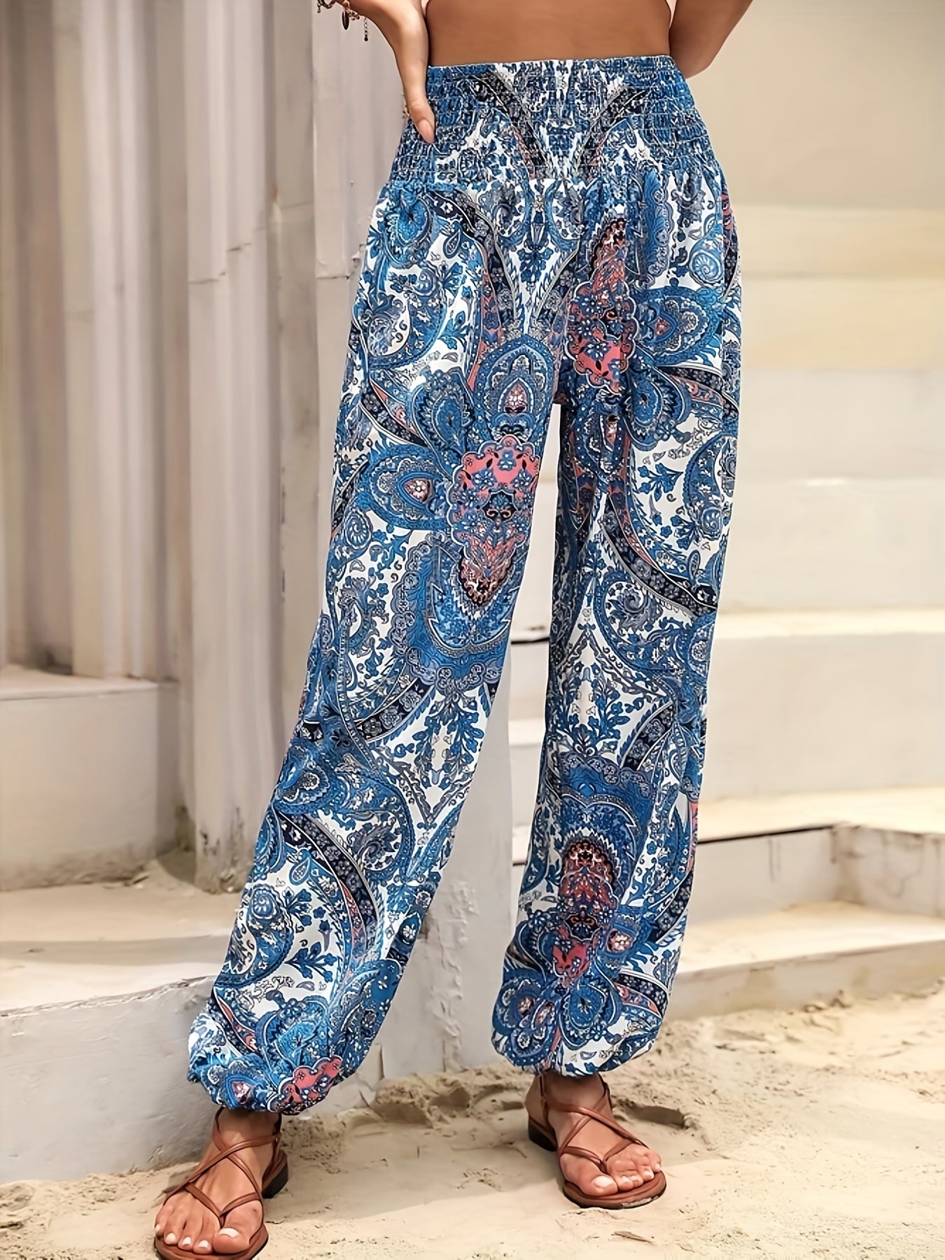 Antmvs Paisley Print Shirred Pants, Boho Long Length High Waist Pants For All Season, Women's Clothing