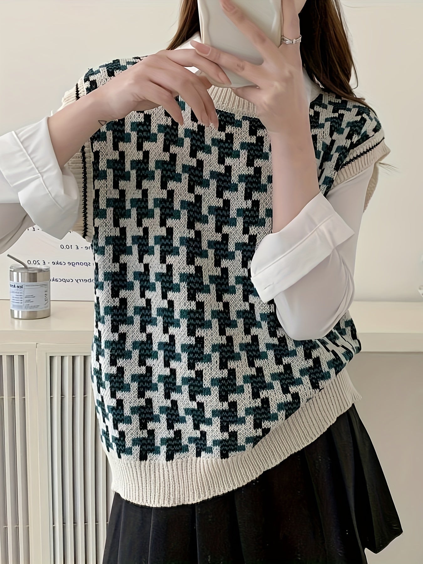 Antmvs Houndstooth Crew Neck Split Vest, Preppy Sleeveless Pullover Knitted Top, Women's Clothing