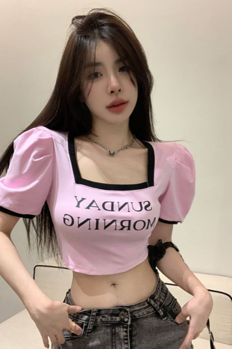 Antmvs SUNDAY MORNING Letter Print Square Neck Short Puffed Sleeve Slim Cropped Top