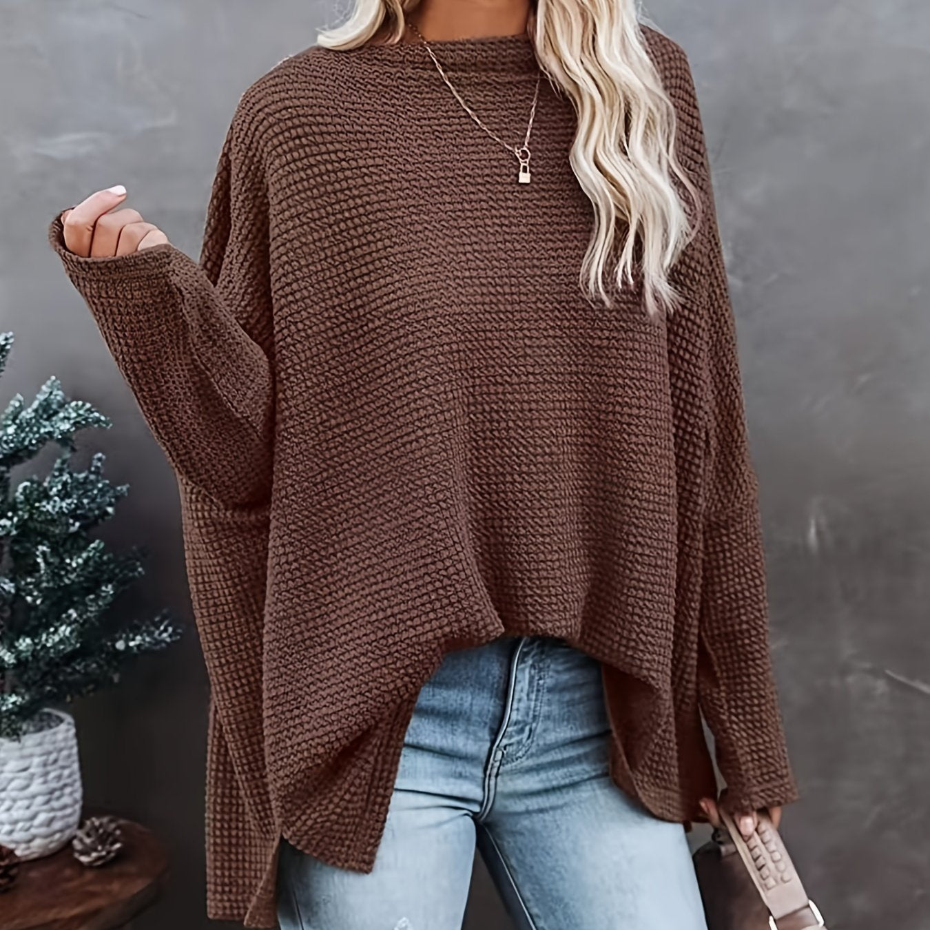 Antmvs Women's Casual Off Shoulder Bat Long Sleeve Waffle Knitted Oversized Pullover Sweater, Casual Tops For Fall & Winter, Women's Clothing