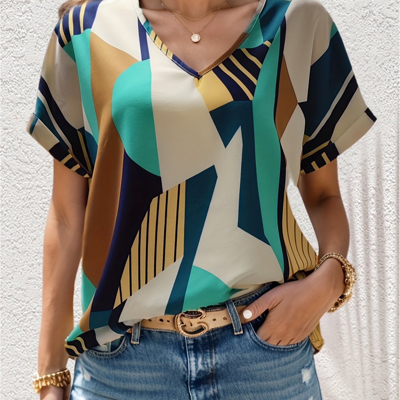 Antmvs Color Block V-neck Blouse, Casual Short Sleeve Blouse For Spring & Summer, Women's Clothing
