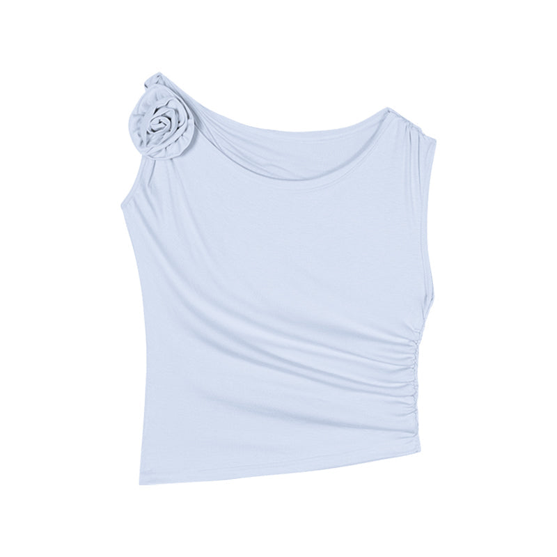 Antmvs Stella Solid Color Three-Dimensional Floral Slanted Off-the-Shoulder Pleated Slim Cropped Top