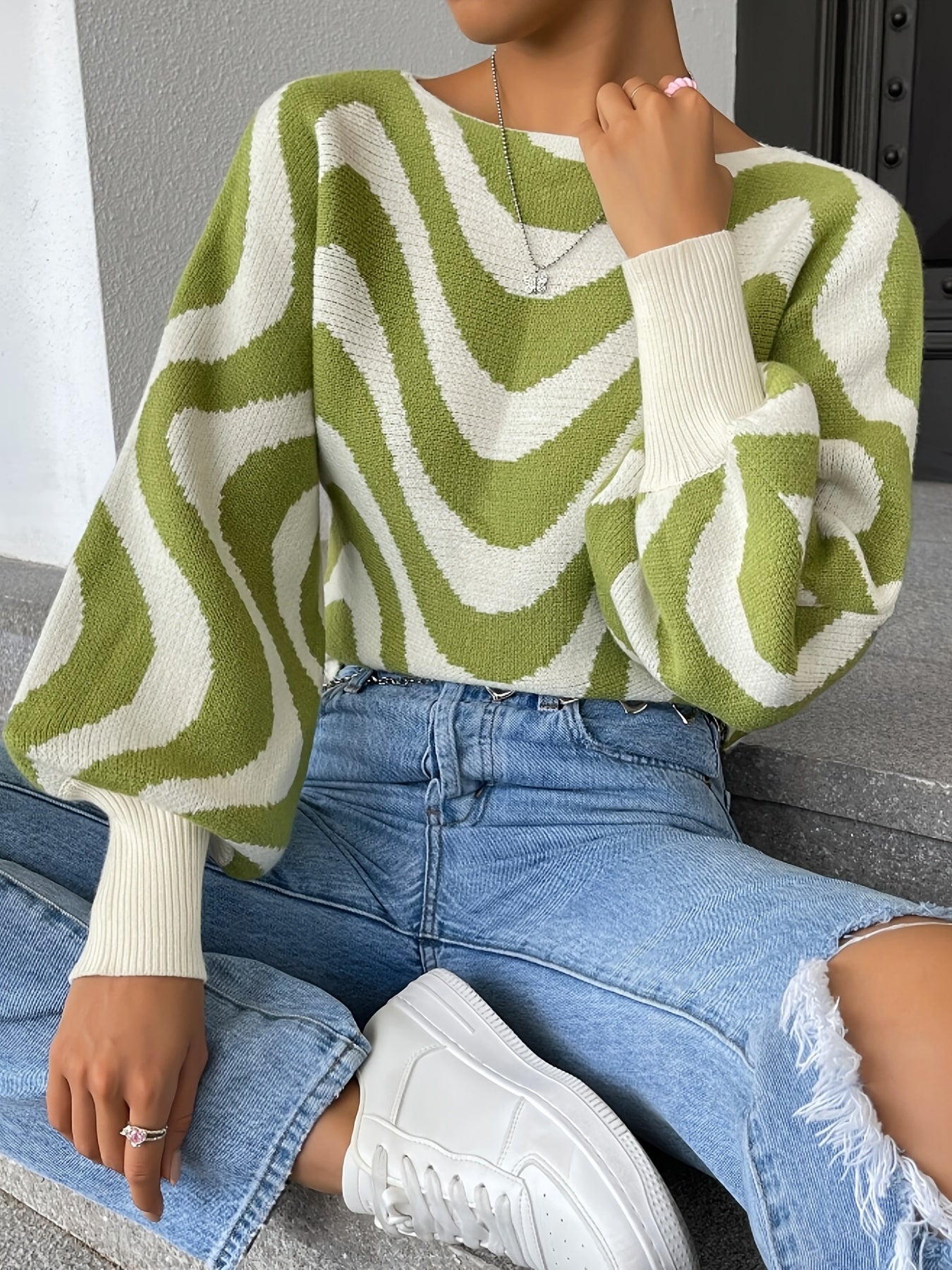Antmvs Striped Boat Neck Pullover Sweater, Casual Lantern Sleeve Slim Sweater, Women's Clothing