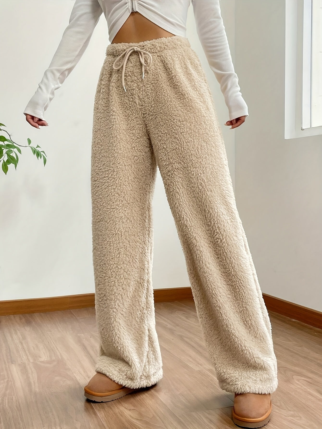 Antmvs Solid Color Teddy Bear Pants, Casual Drawstring Wide Leg Loose Pants, Women's Clothing