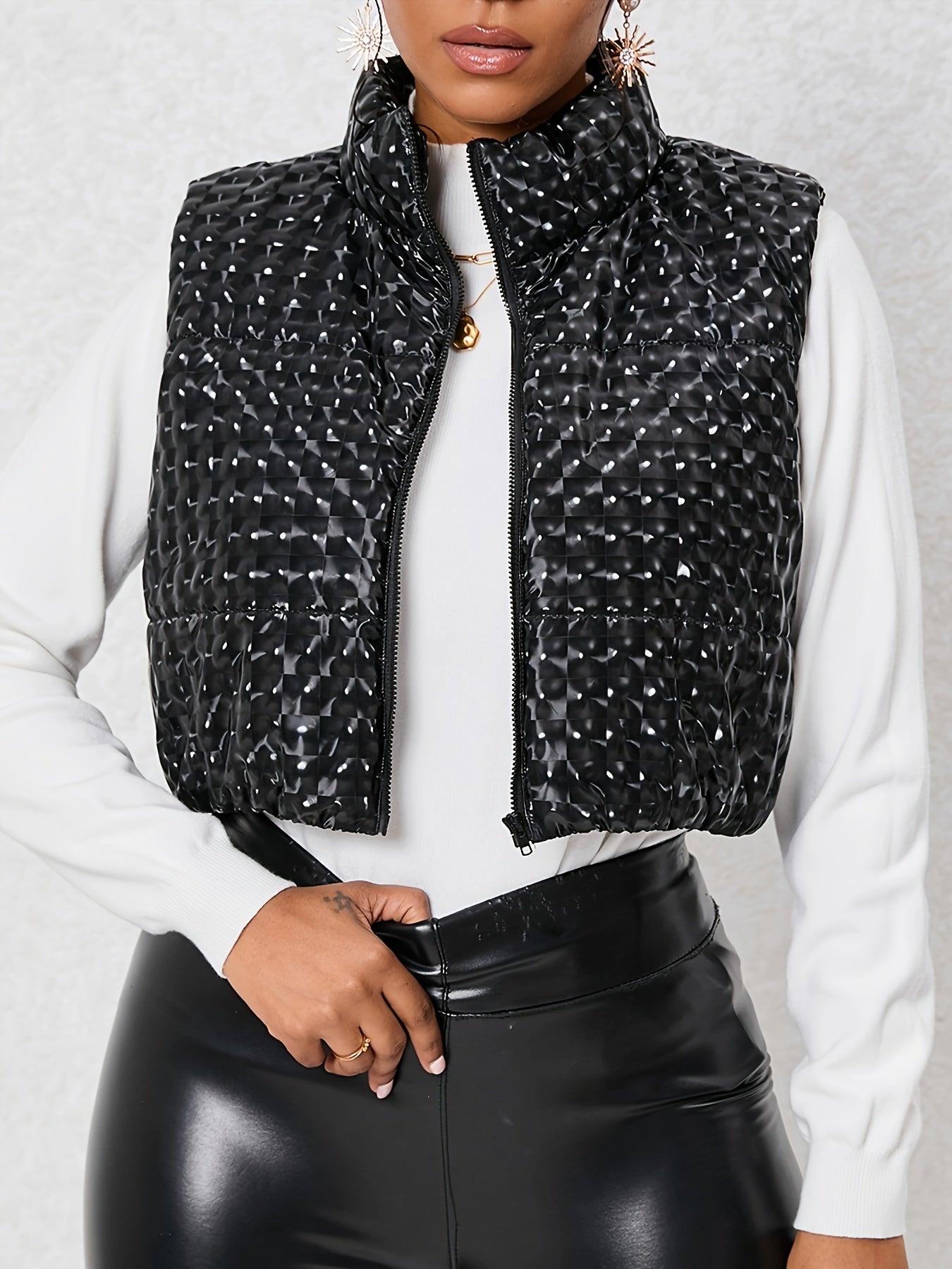 Antmvs Solid Zip Up Cotton-padded Coat, Elegant Sleeveless Outwear For Winter, Women's Clothing