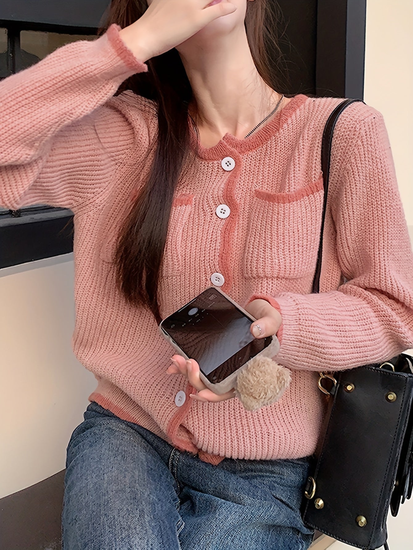 Antmvs Contrast Trim Button Front Cardigan, Chic Long Sleeve Dual Pockets Knit Cardigan, Women's Clothing