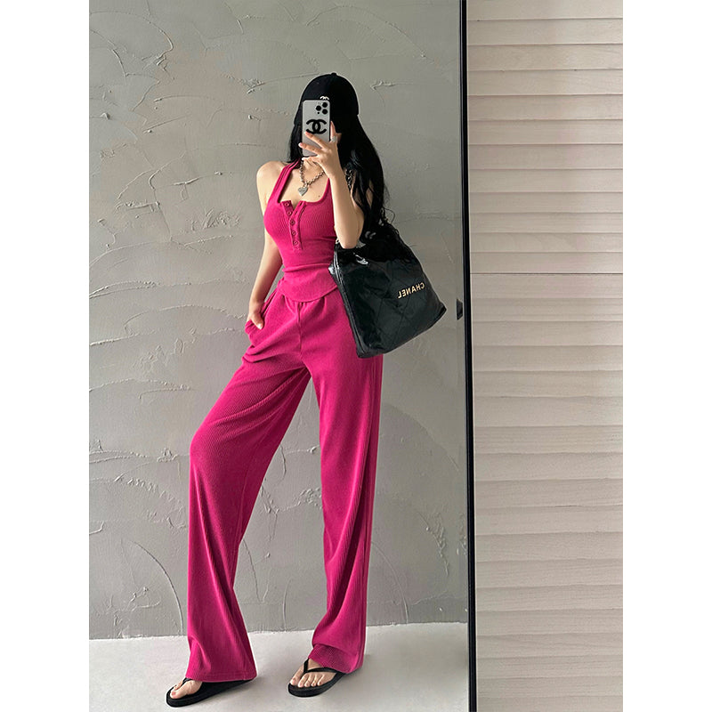 Antmvs Lia Solid Color Square Neck Wide Strap Ribbed Top + High Waist Straight Leg Pants Matching Set