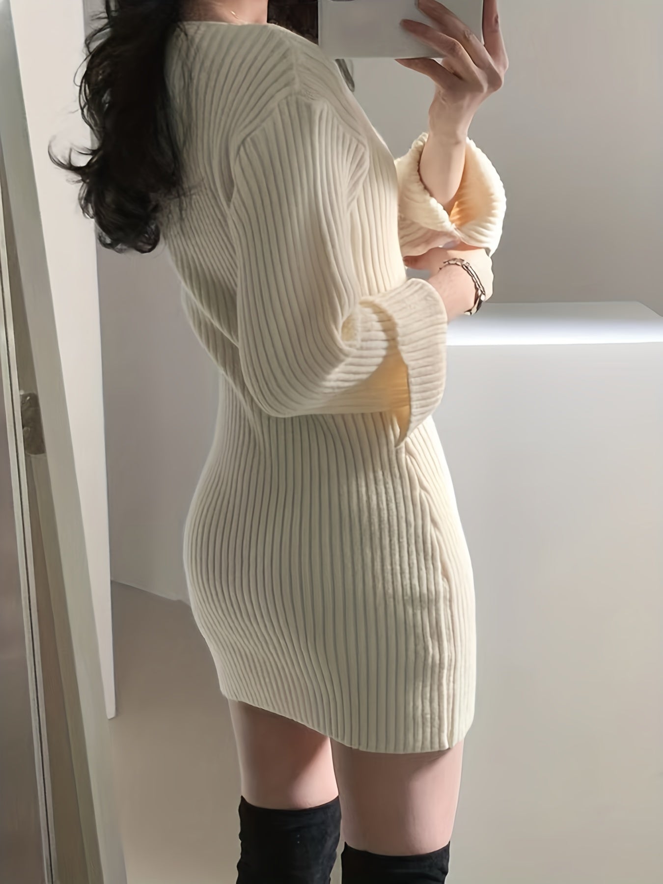 Antmvs Solid Boat Neck Sweater Dress, Elegant Long Sleeve Bodycon Knitted Dress, Women's Clothing